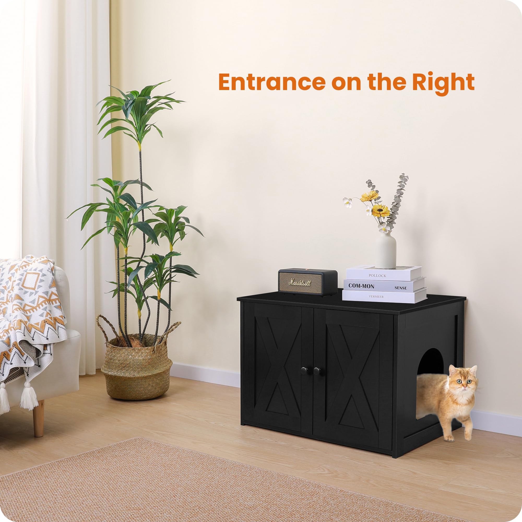 Dwanton Litter Box Enclosure, Cat Litter Box Furniture Hidden, Reversible Entrance Can Be On Left Or Right Side, Wooden Cat Wash