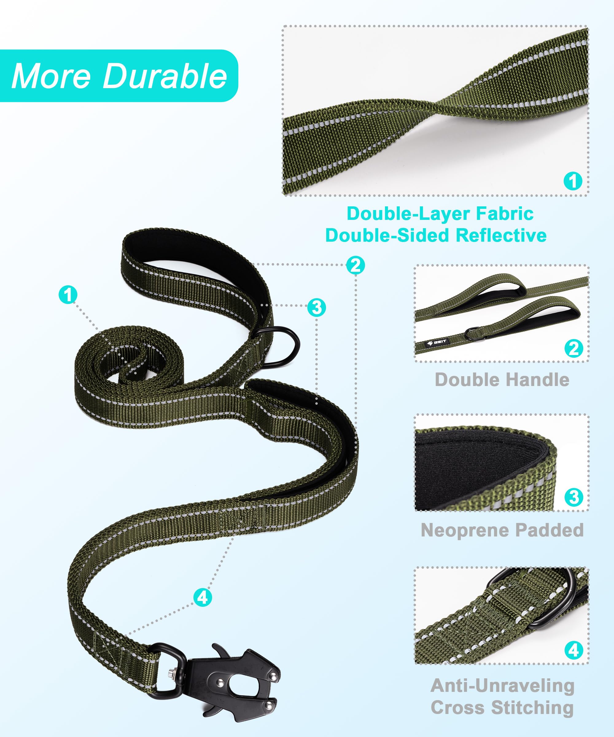 Geit 4/5/6Ft Heavy Duty Dog Leash, 2 Handles Reflective Rope Leashes, Walking Lead With Quick Release/Locking Tactical Frog Clip