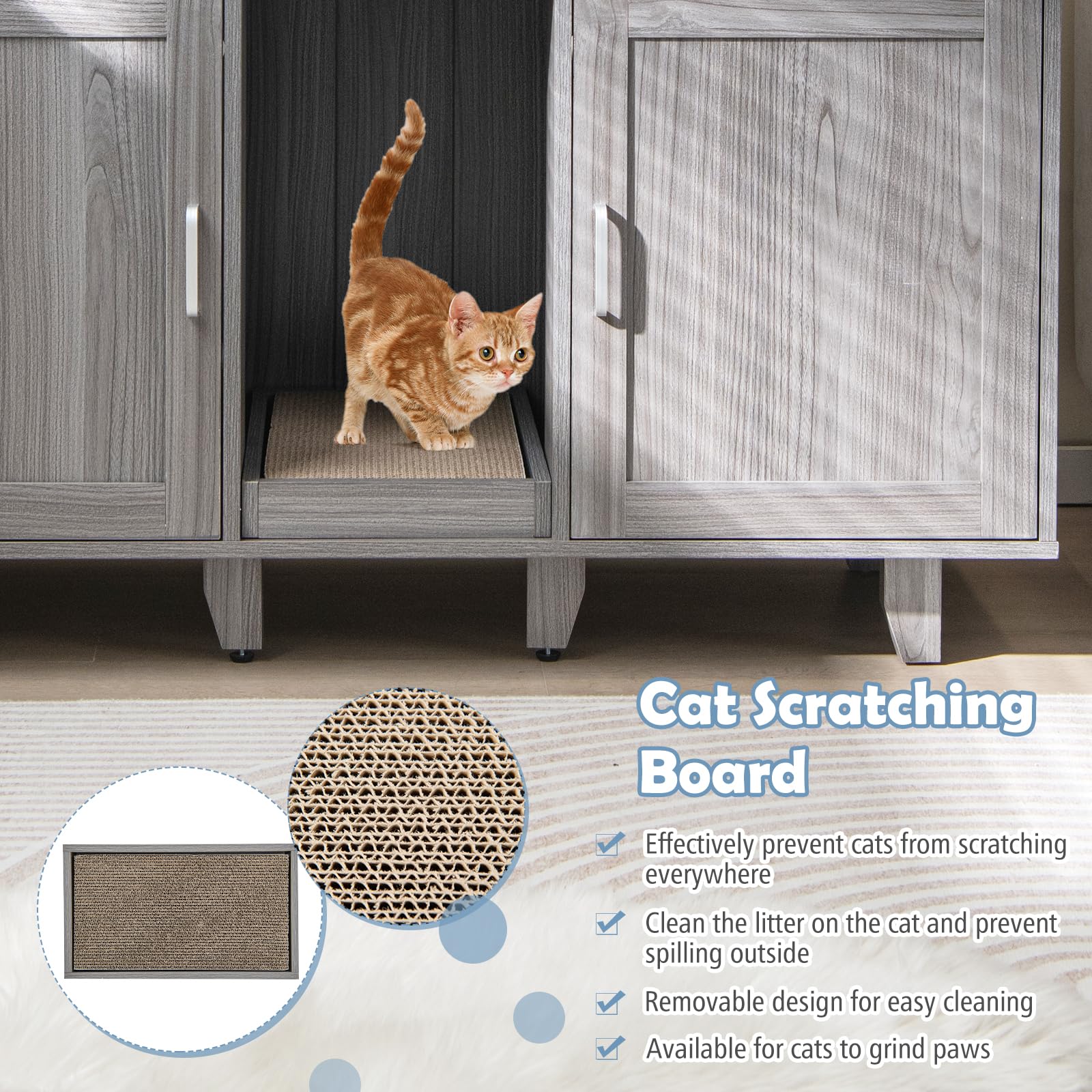 Petsite Litter Box Enclosure For 2 Litter Boxes, Hidden Cat Washroom Tv Stand End Table With 2 Cabinet, Scratching Board, Indoor Cat Litter Furniture (Grey Wash)