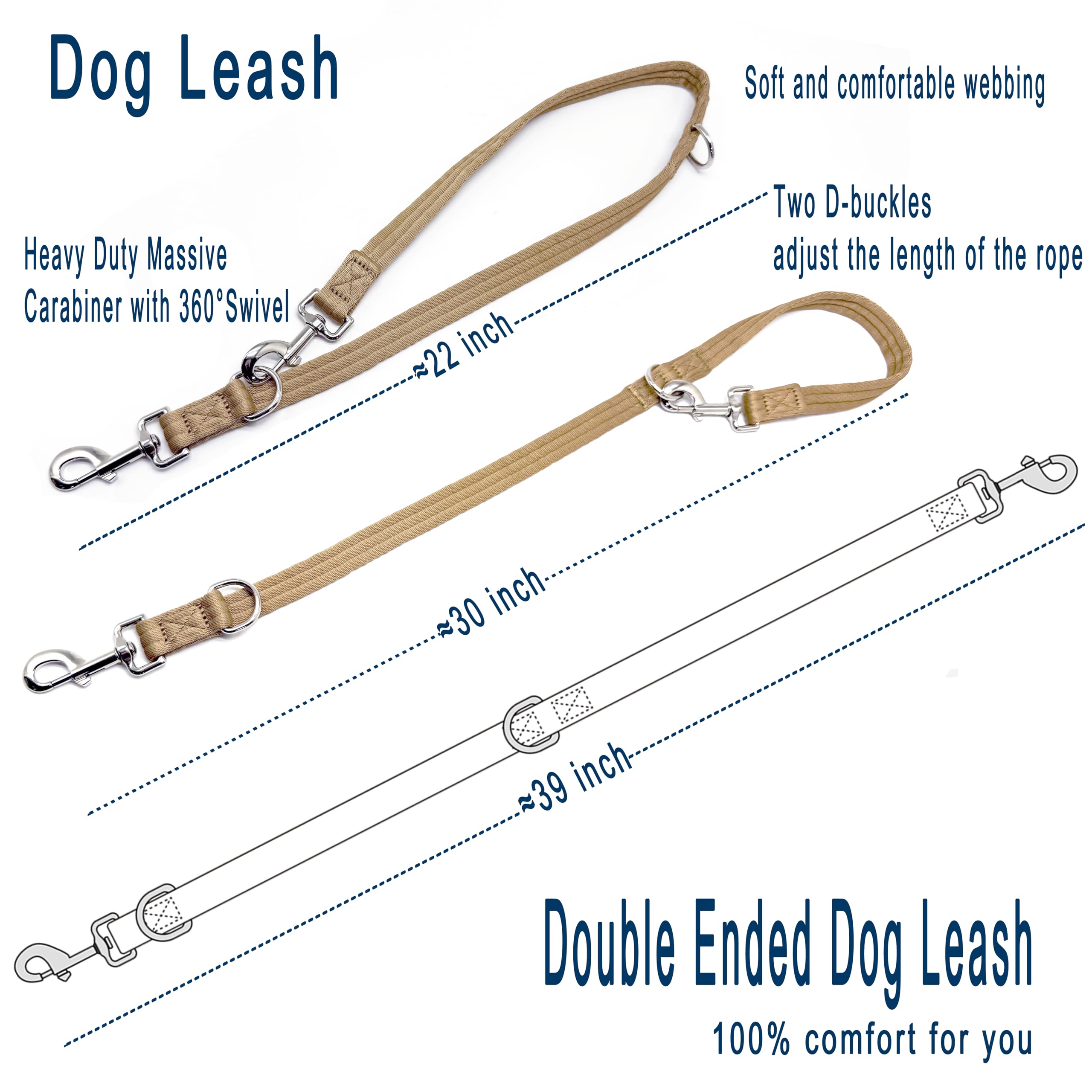 Double Ended Dog Leash,For Obedience Training Easy To Use,Lightweight,Soft For Large And Medium Dogs (Light Military Tan, 1M*2.5