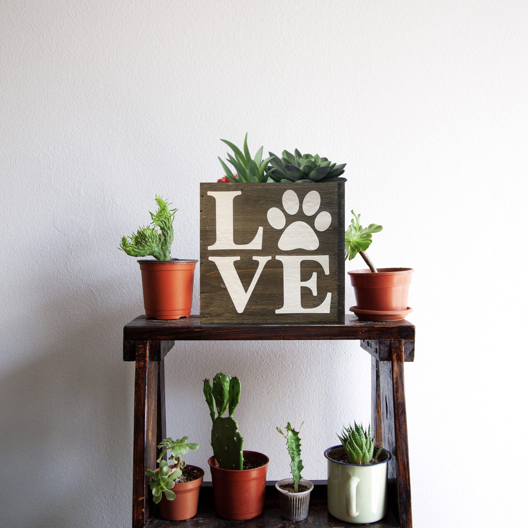 Paw Love Succulent Planter, Cute Gift For Cat And Dog Lovers, Veterinarian, Decorative Bin (5 Square Inches, Natural Brown Wood)