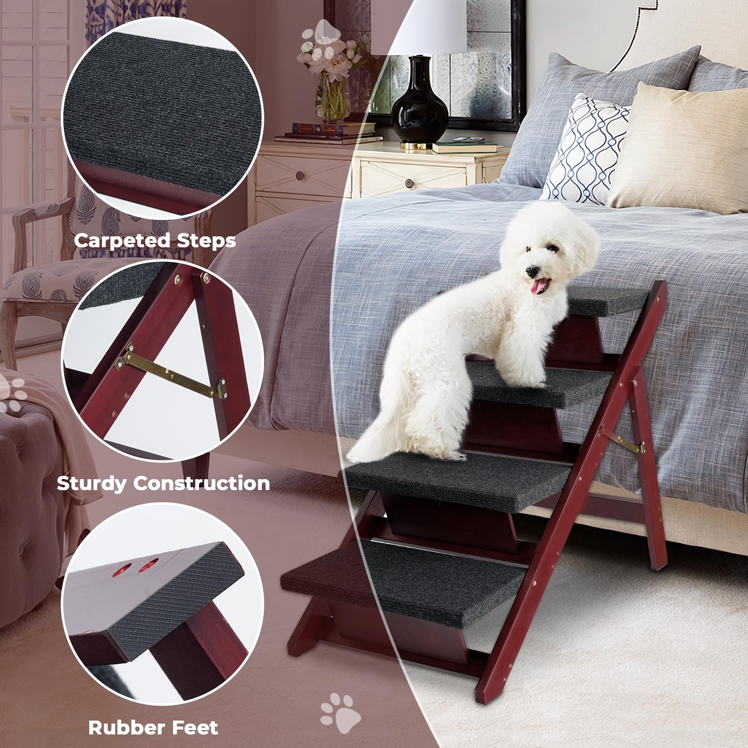 BRIKY Wooden Dog Stairs - Foldable 4 Steps, Non-Slip for Small & Large Dogs, Mahogany, Model DS-4-B-W