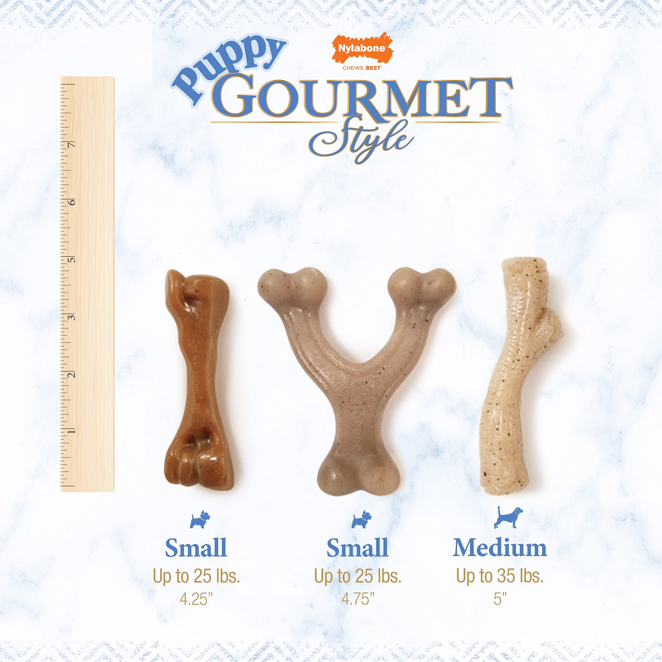 Nylabone Gourmet Style Femur, Wishbone, & Stick Strong Chew Toy for Puppies, Bacon, Chicken & Peanut Butter Flavor, Small - Up t