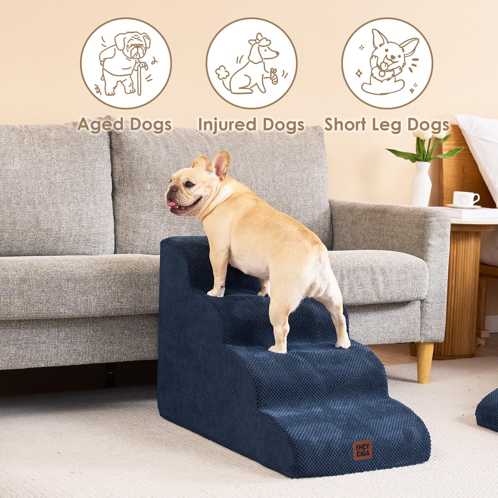 Eheyciga Curved Dog Stairs Ramp For High Beds 19.7' H, 4-Step Dog Steps For Small Dogs And Cats, Pet Stairs For High Bed Climbing, Non-Slip Balanced Pet Step Indoor, Navy