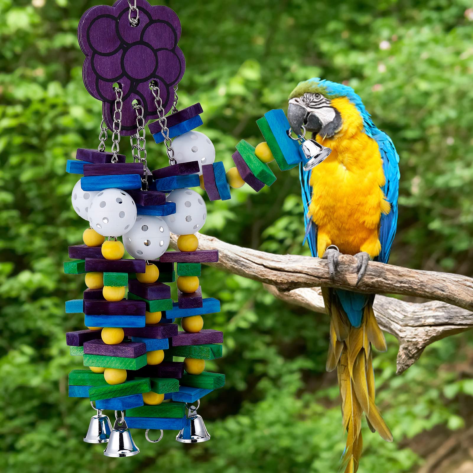 Mewtogo Large Bird Parrot Toys With Bells- Parrots Cage Chewing Toy With Colorful Wood Blocks Beads- Bird Parrot Chewing Sticks
