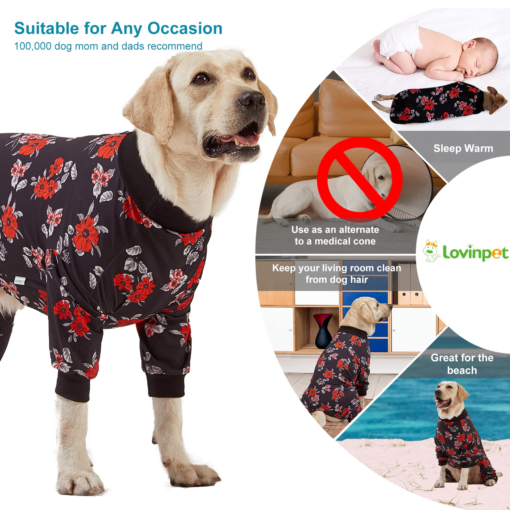 Lovinpet Pet Pajamas For Large Dogs - Floral Navy And Coral Print Dog Jammies, Lightweight Stretchy Knit Big Dog Pullover, Large Dog Onesie, Pet Pj'S /3Xl