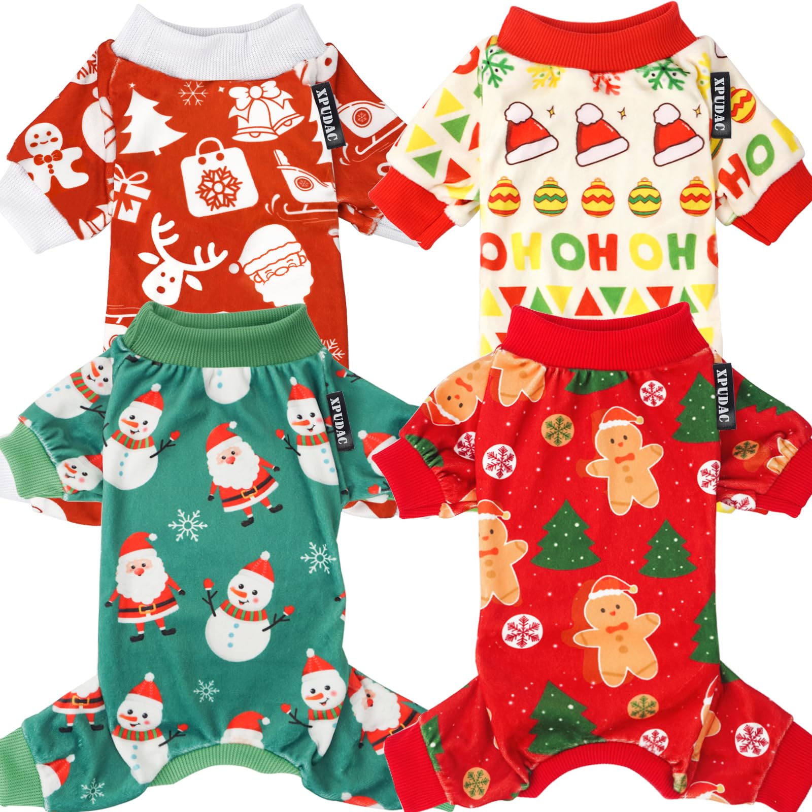 Xpudac 4 Piece Dog Christmas Outfit Pajamas Santa Claus Pet Clothes Cute Snowman Dog Pajamas Costumes For Dogs Girl Boy, Red Green Large