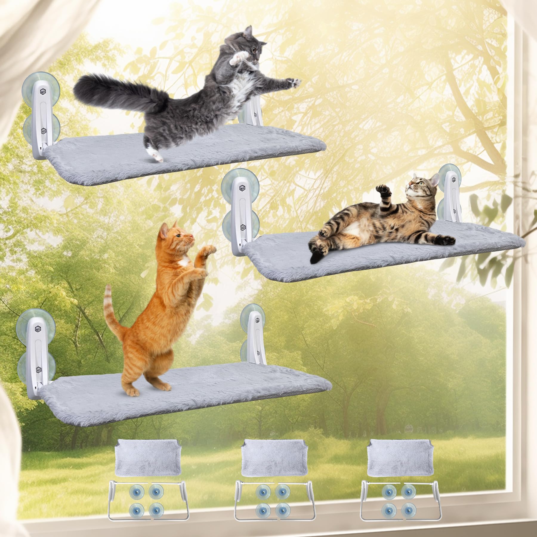 L&W Bros. 3Pc Foldable Cat Window Perch Cat Hammock With 4 Suction Cups Easy To Assemble 23.6''X 11.2'' Cat Window Bed For Large