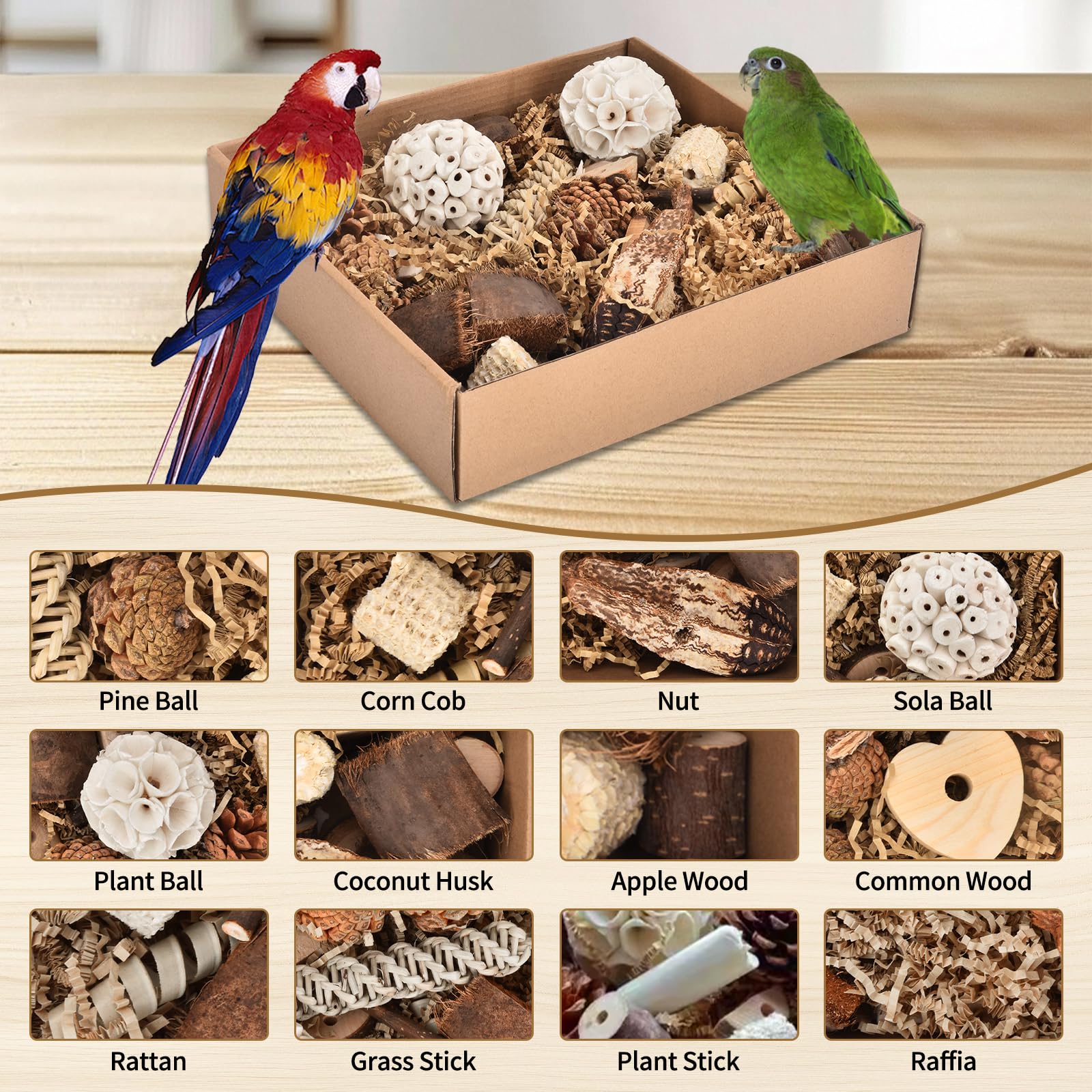 Dewvie Natural Bird Toy Foraging Parrot Shredding Toys Box, Bird Chew Foraging Toys For Parrots, Conures, Budgies, Lovebirds, Sm