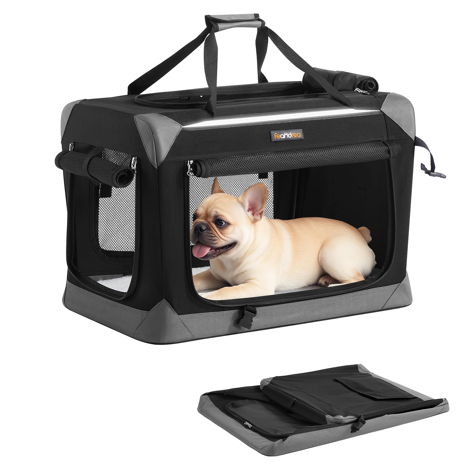 Feandrea Collapsible Dog Crate, Portable Oxford Fabric Pet Travel Crate with 4 Mesh Doors, Handles, Pocket, 24 Inches, for Small