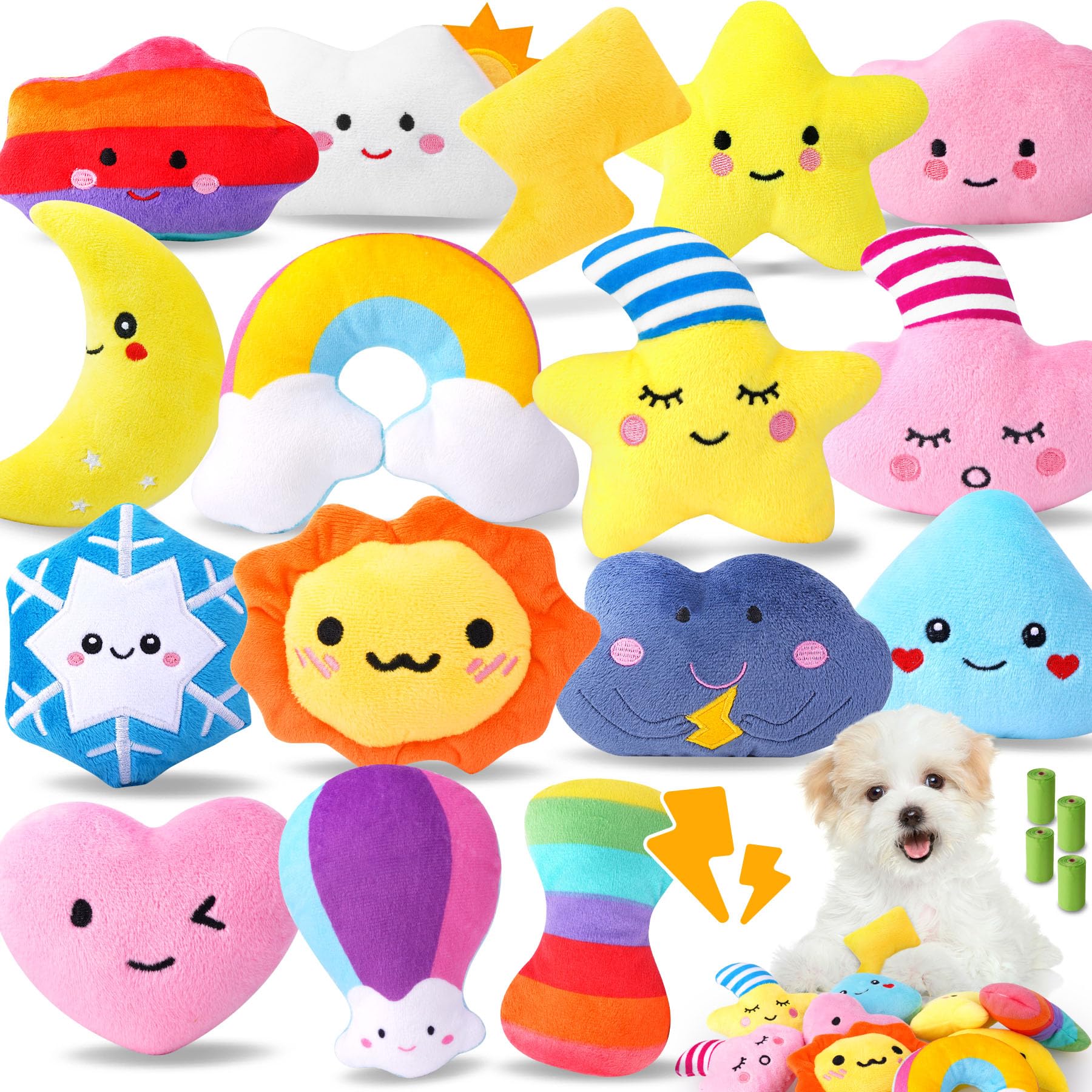 Qtwoof Irresistible Weather-Themed 20-Pack Squeaky Dog Toys Set For Small Dogs & Puppies, Included 16 Plush Toys With Vibrant Ch