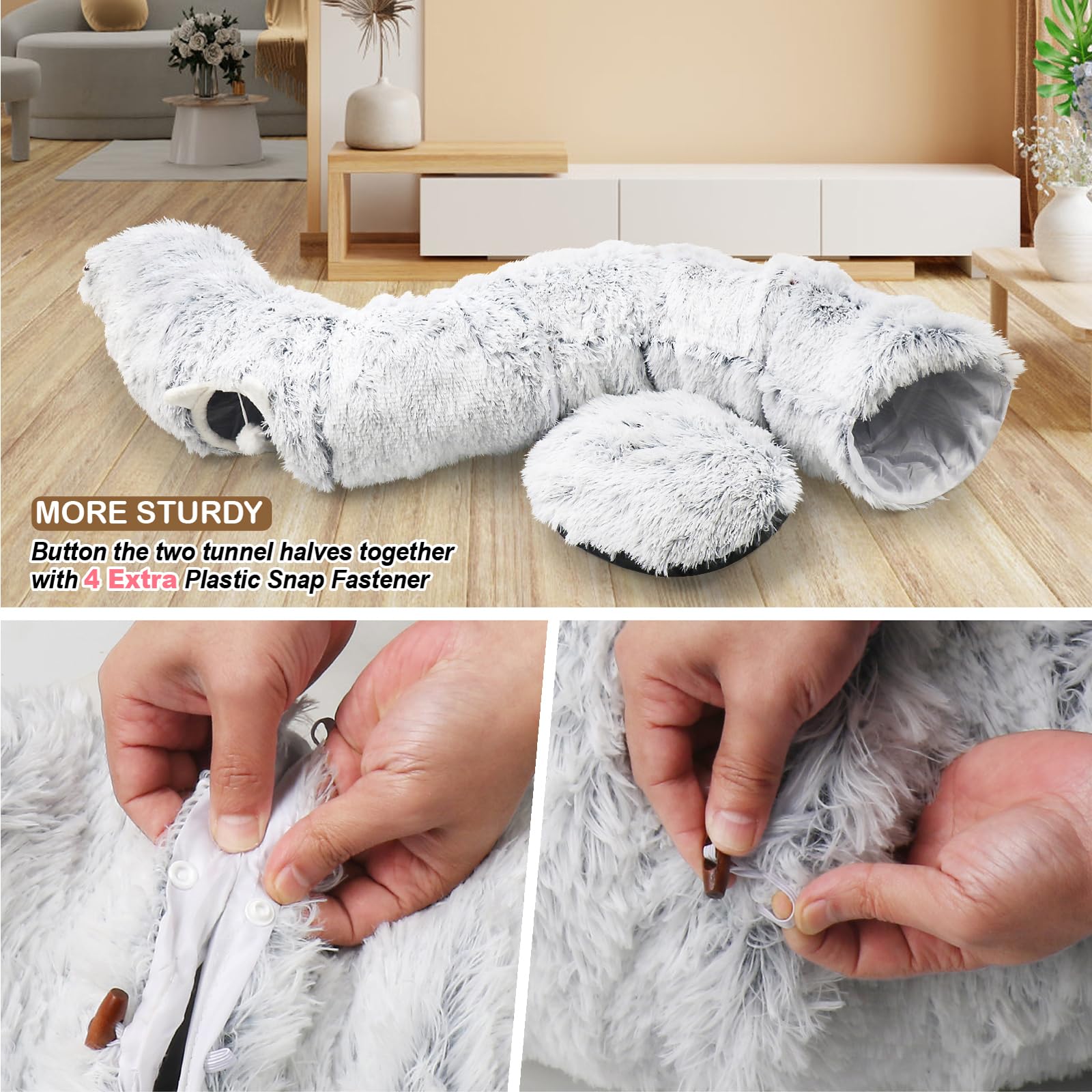 2-In-1 Cat Tunnel Bed For Indoor Cats, Warm Plush Cat Play Donut Tunnel With Washable Circle Cushion, Round Pet Peekaboo Cave To