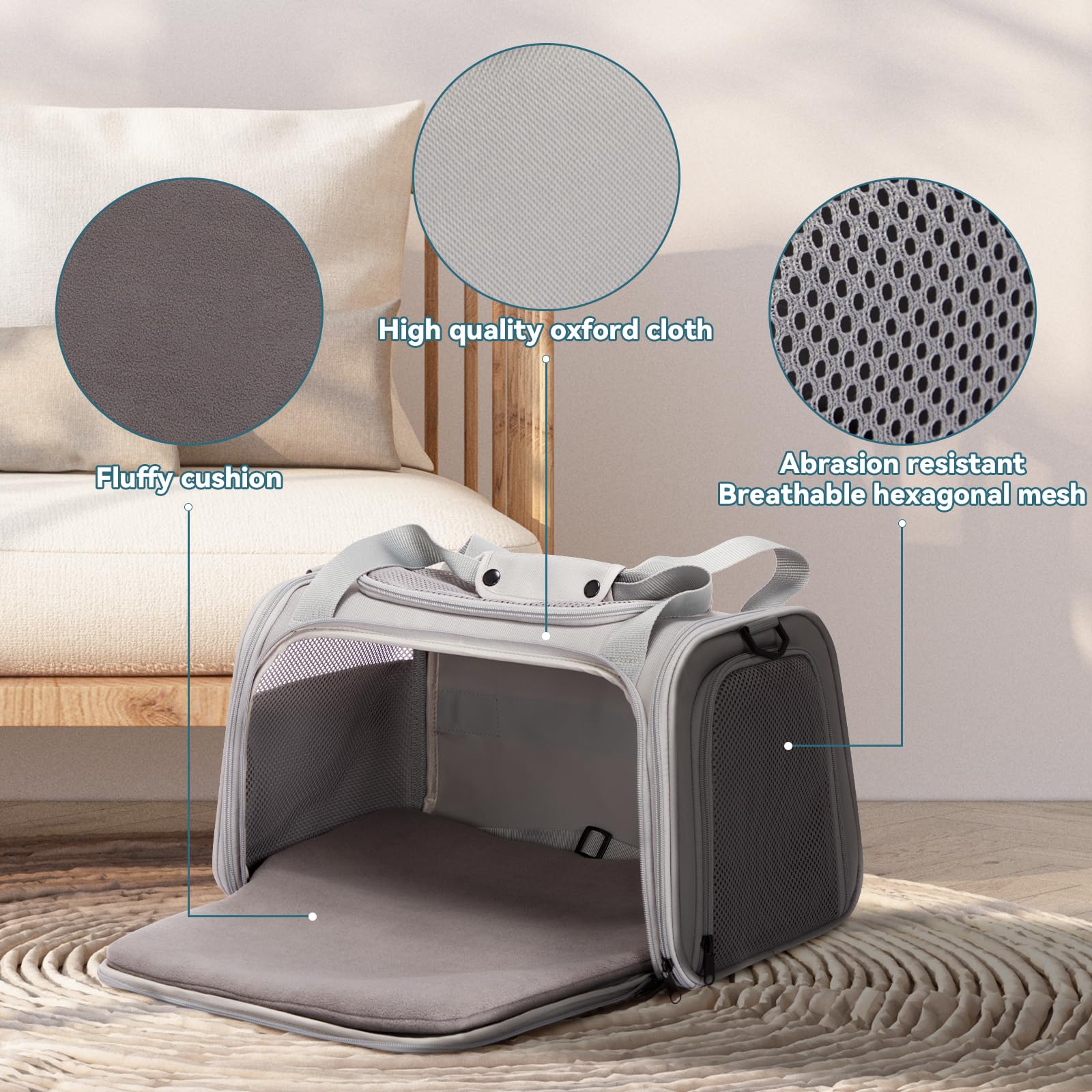 Petsfit Cat Carrier, Pet Carrier Airline Approved, Soft Carrier For Small And Medium Cats Under 12 Lbs, Soft Cat Travel Carrier, Kitten Carrier With Extendable Mat, Grey