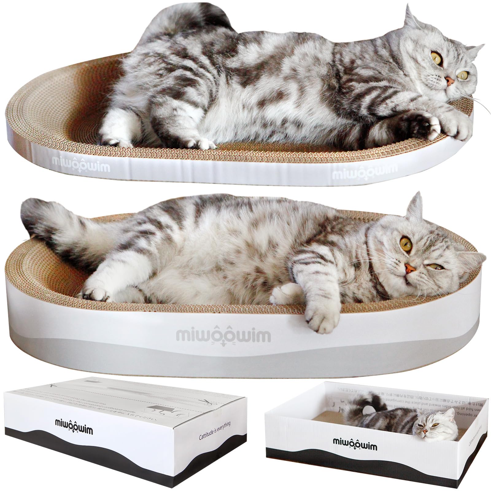 Miwoowim 3Pcs 23.6 Inch Extra Large Cat Scratcher Bed,Big Cats Box With Corrugated Scratch Pad, Scratching Lounge Bed,Oval Shape
