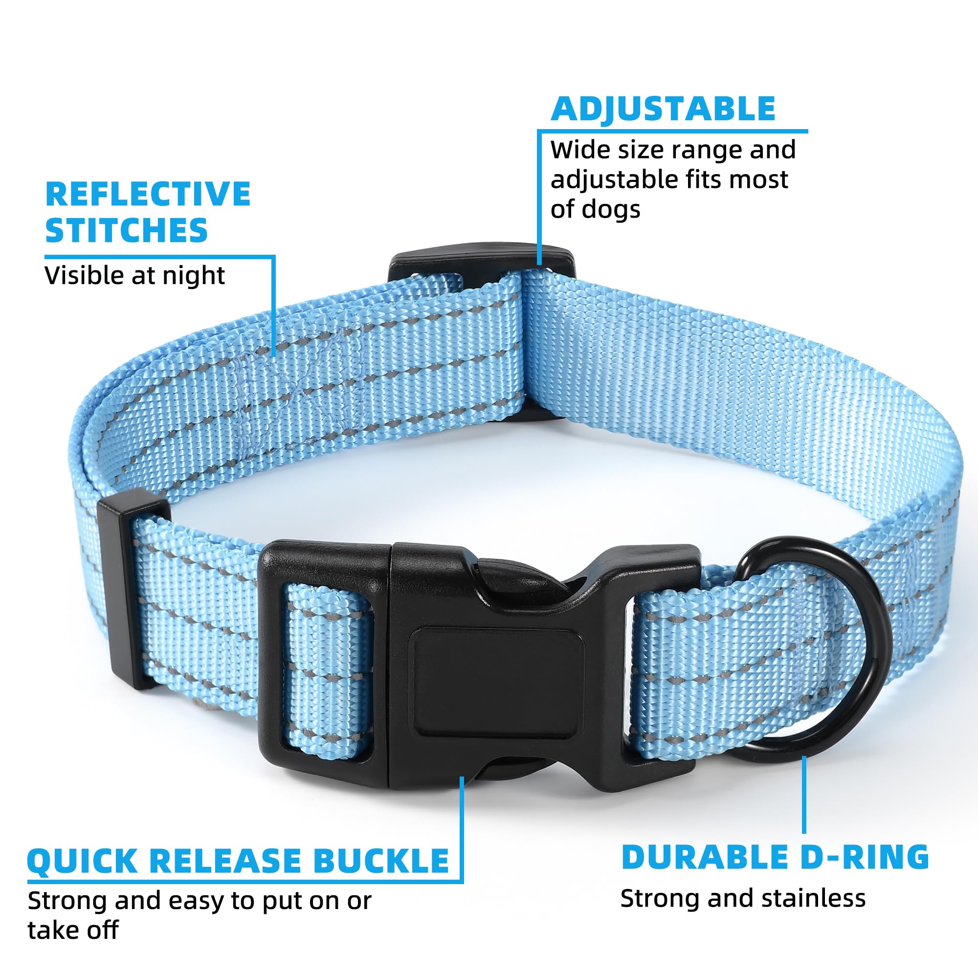 Mile High Life Dog Collar | Nylon Reflective Dog Collars | Light Weight Puppy Collars | Blue Dog Collars For Large Dogs (Solid B