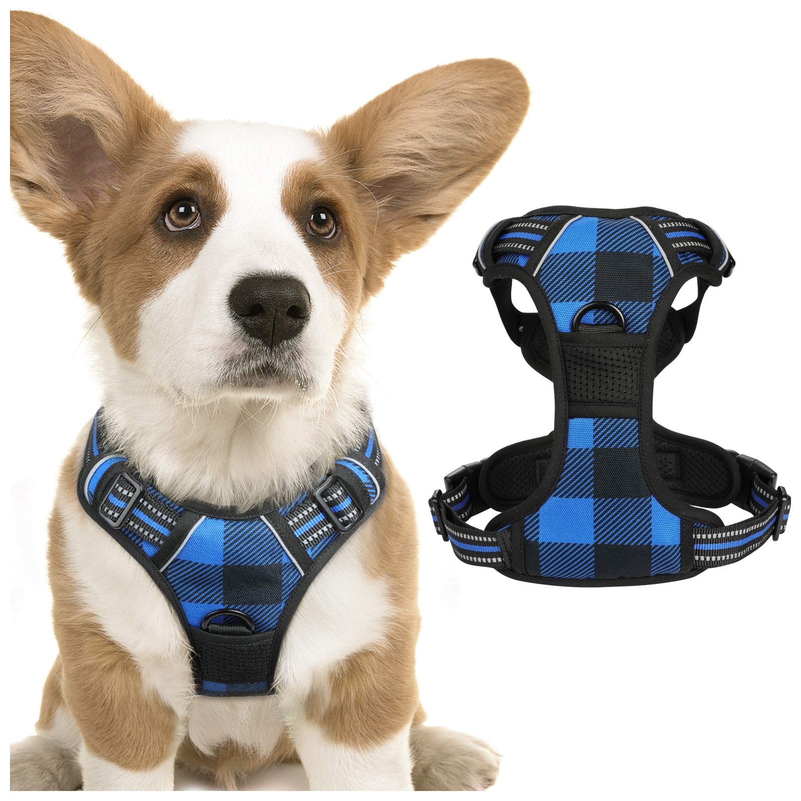 rabbitgoo Dog Harness No-Pull, Comfortable Padded Plaid Harness with Handle Easy Control, Adjustable Reflective Pet Vest with 2
