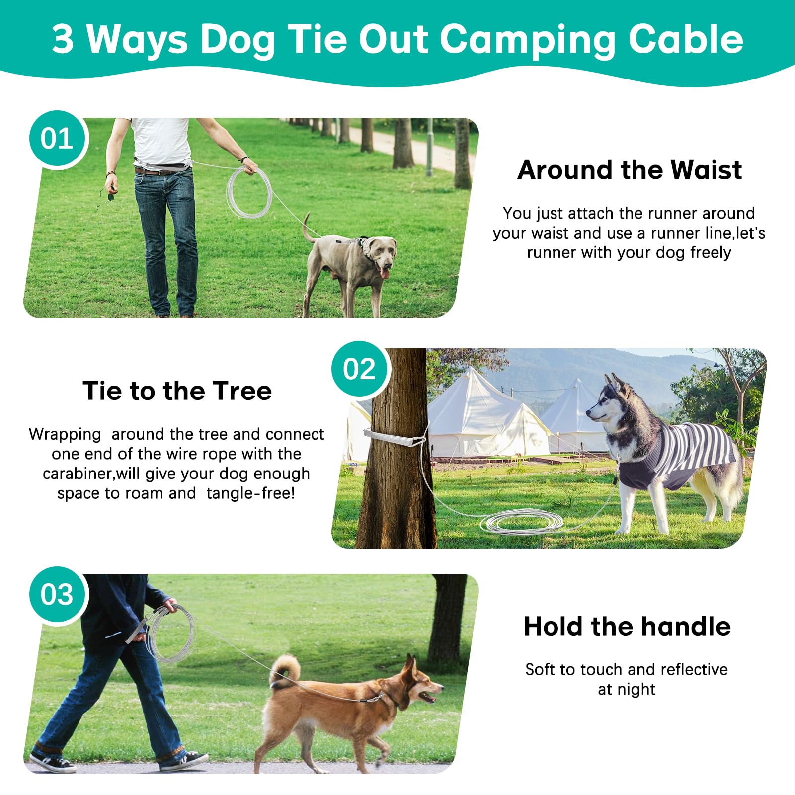 Long Leash Chew Proof, Tie Out Cable For Dogs 10/20/30/50 Ft With Carabiner, Leads For Yard Medium Large Dogs, Padded Handle (Gr