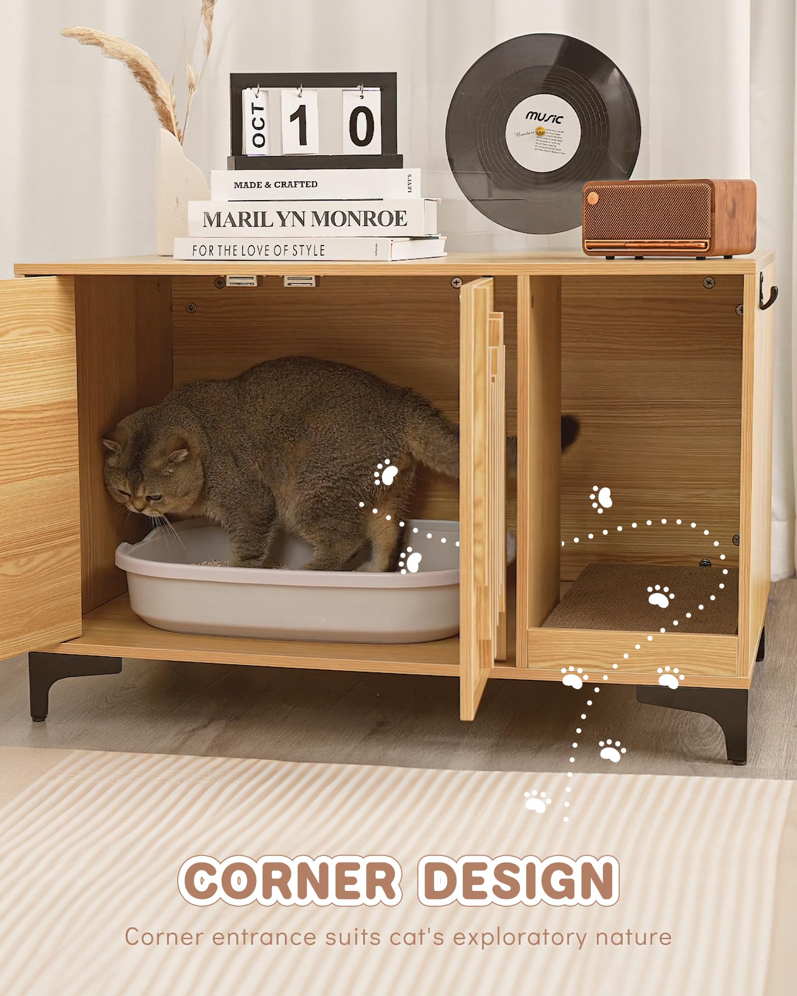 Jubinatural Cat Litter Box Enclosure,Stylish Hidden Litter Box Furniture, Modern Cat Litter Furniture Cabinet, Side End Table, C