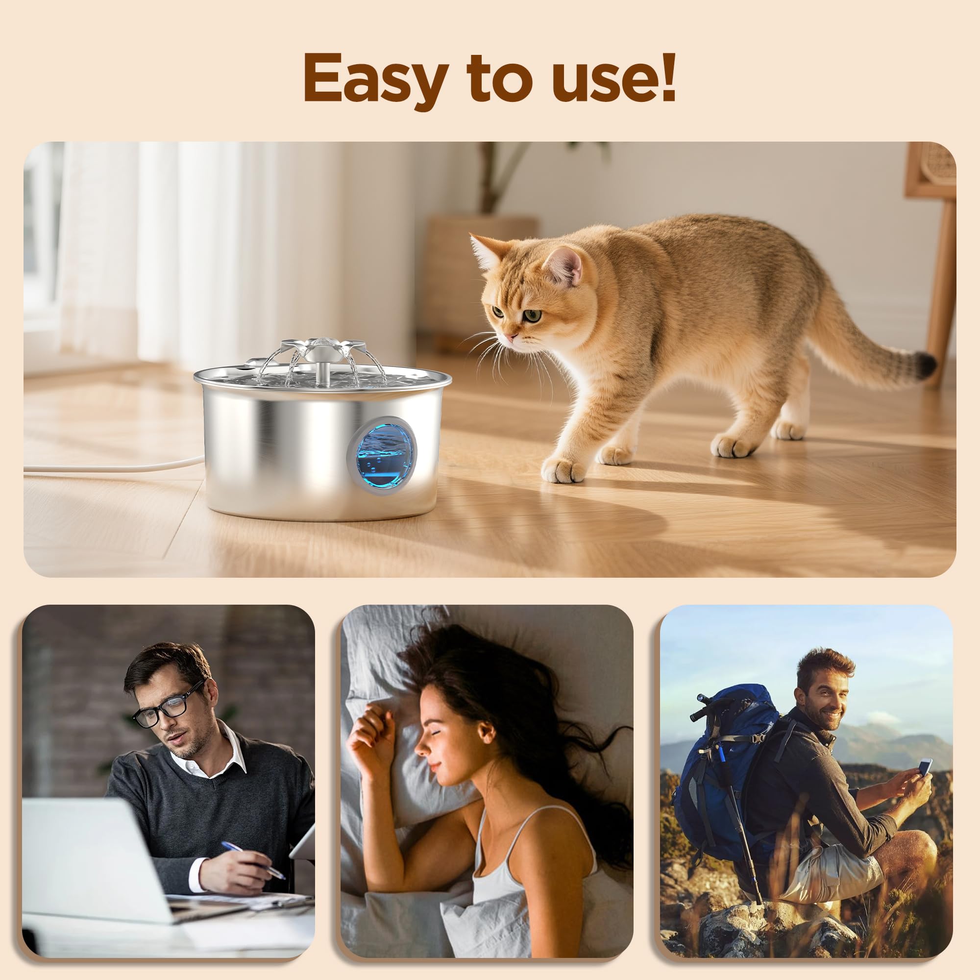 Cat Water Fountain Stainless Steel - 88oz/2.6L Pet Drinking Fountain for Cats Indoor with 8 Filters - Automatic Cat Watering Dis