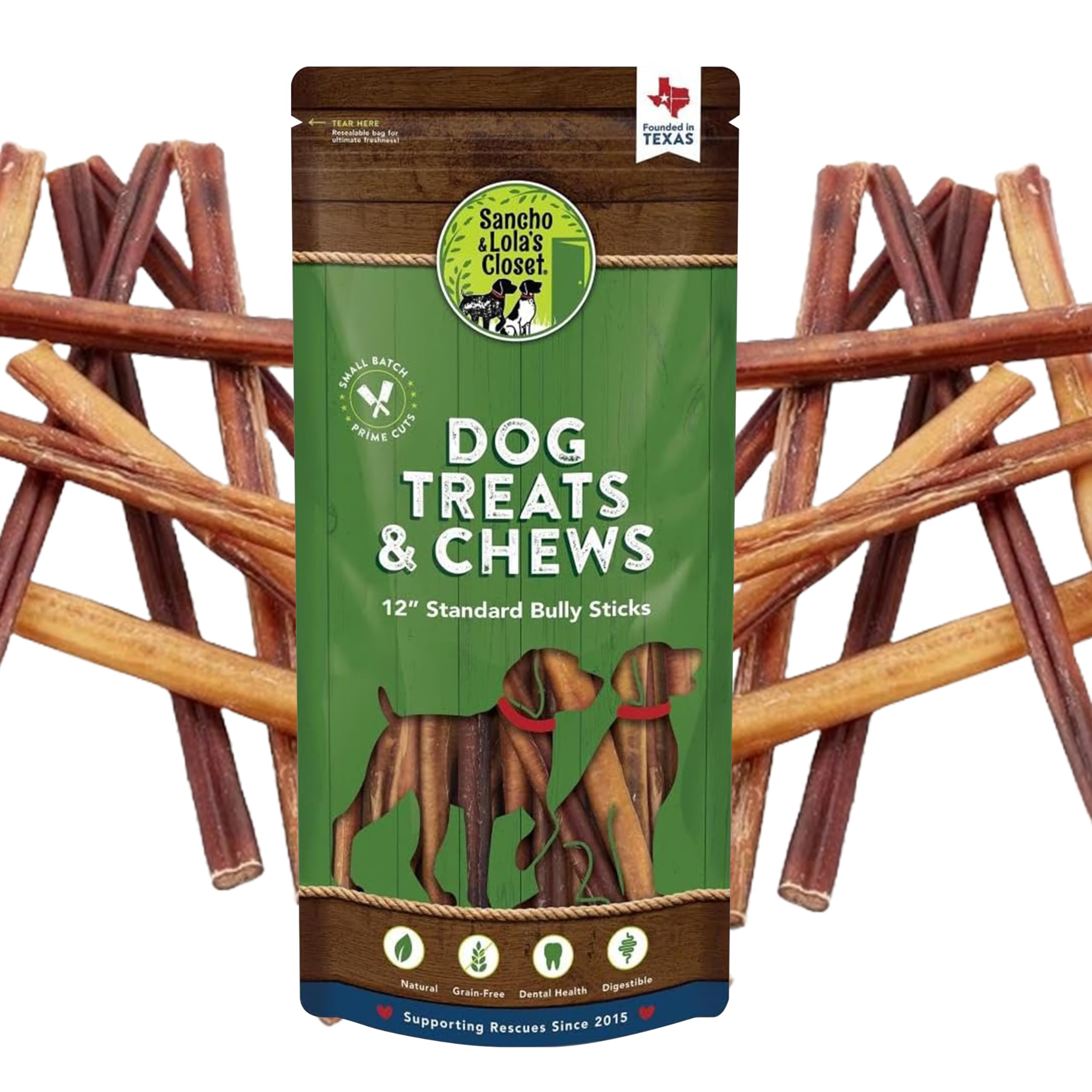 Supreme 12-inch Standard Bully Sticks by Sancho and Lolas (5 Pack) All-Natural, Long-Lasting Dog Chew Treats - Free-Range, Grass