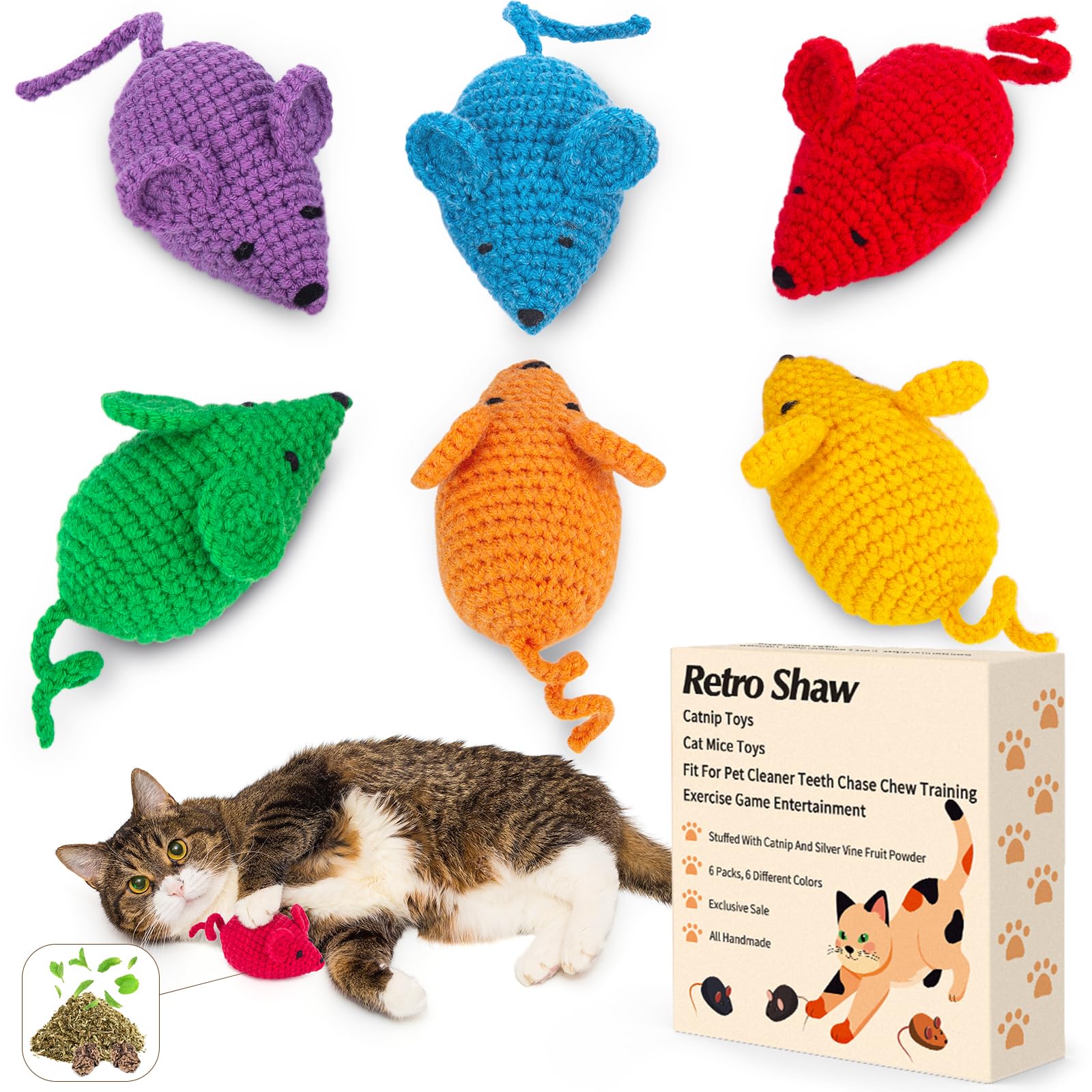 Retro Shaw Catnip Toys Crochet Mice Cat Toys,6 Pcs Yarn Cat Nip Mouse Animals Toys,Safe Teeth Cleaning Toy for Indoor Kittens,In