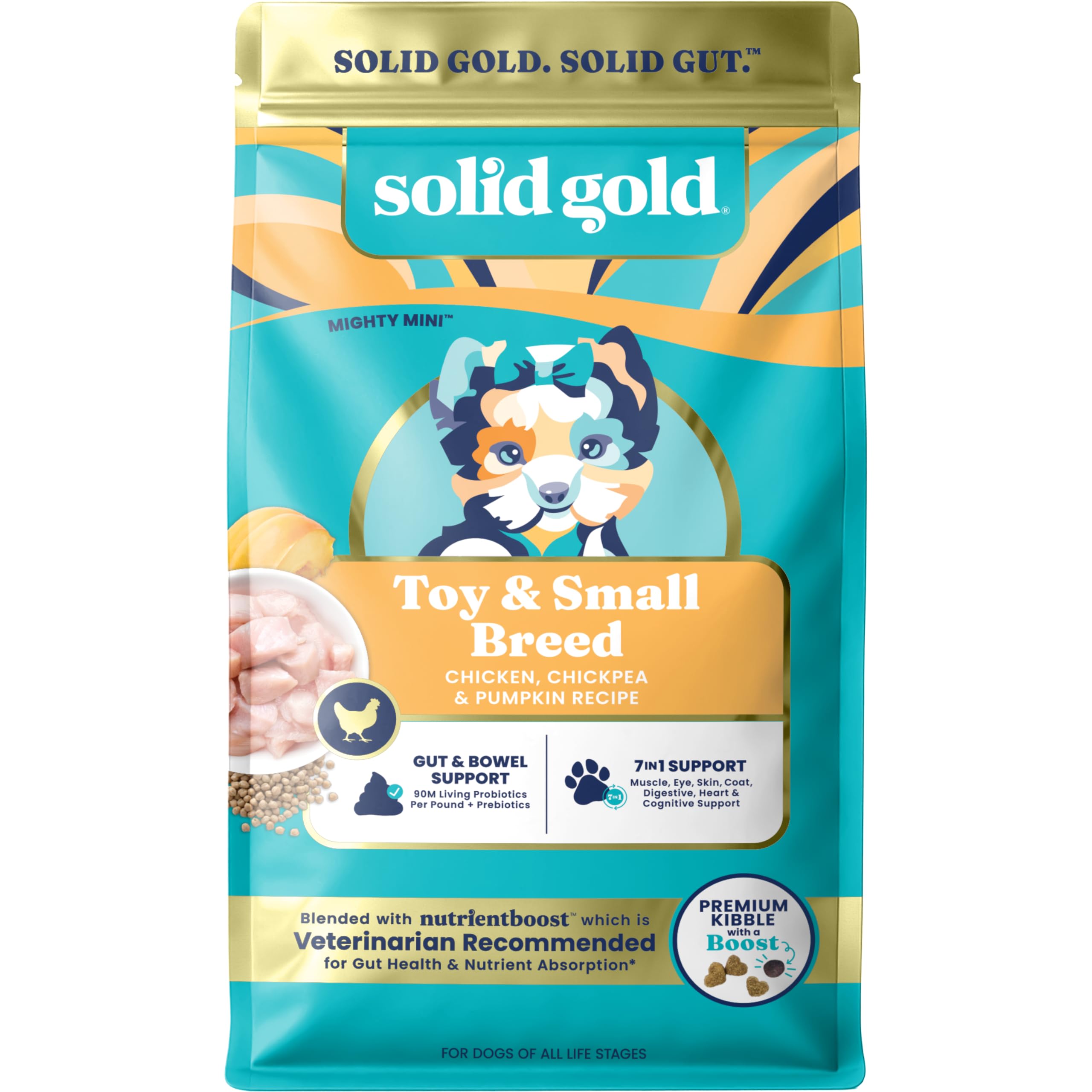 Solid Gold Toy & Small Breed Dry Dog Food Small Bites - Real Chicken, Grain Free Gluten Free, High Fiber Healthy Kibble w/Probio