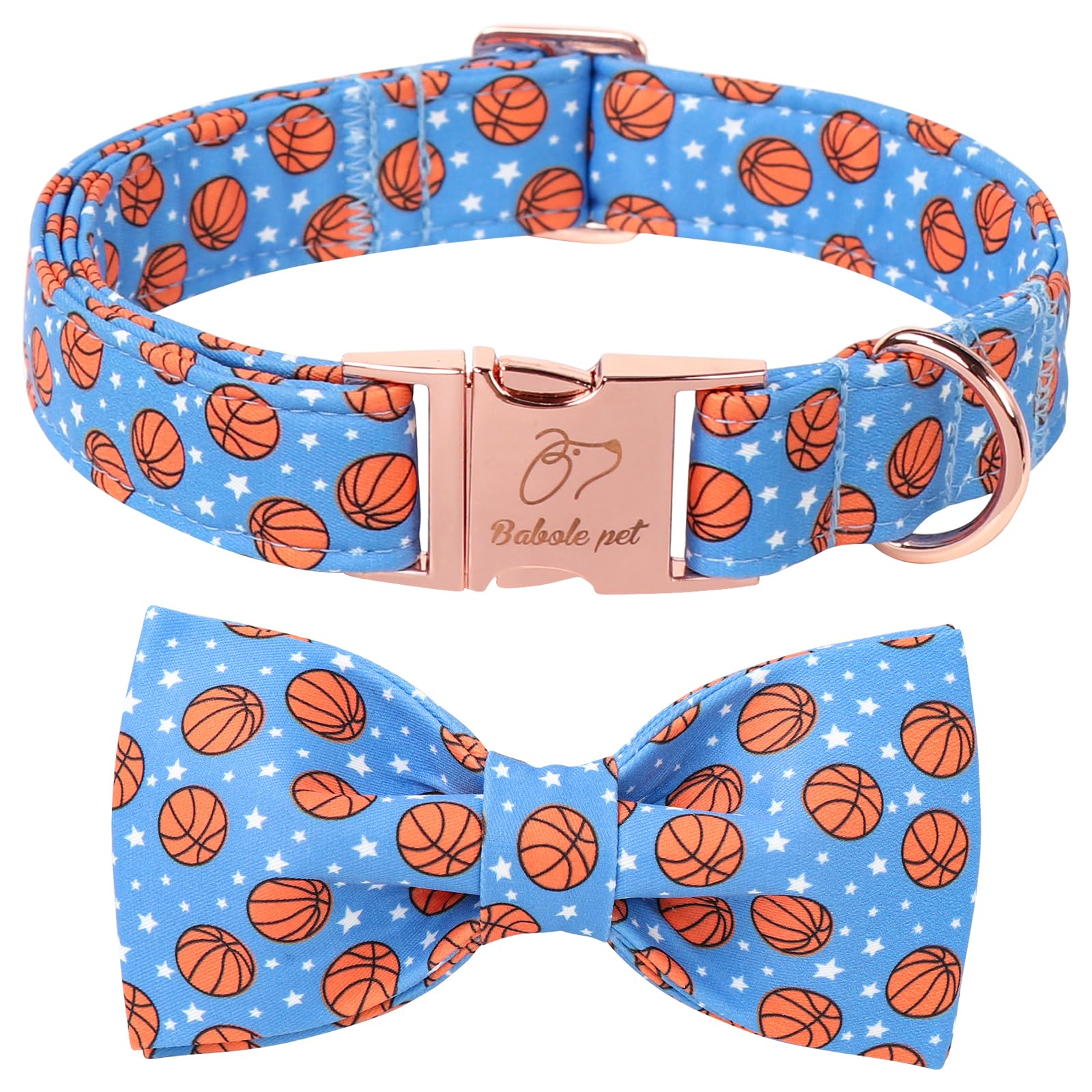 Babole Pet Cute Boy Dog Collar With Bow Tie - Adjustable Blue Basketball Bowtie Collar Spring-Summer Breathable Comfort Dog Coll