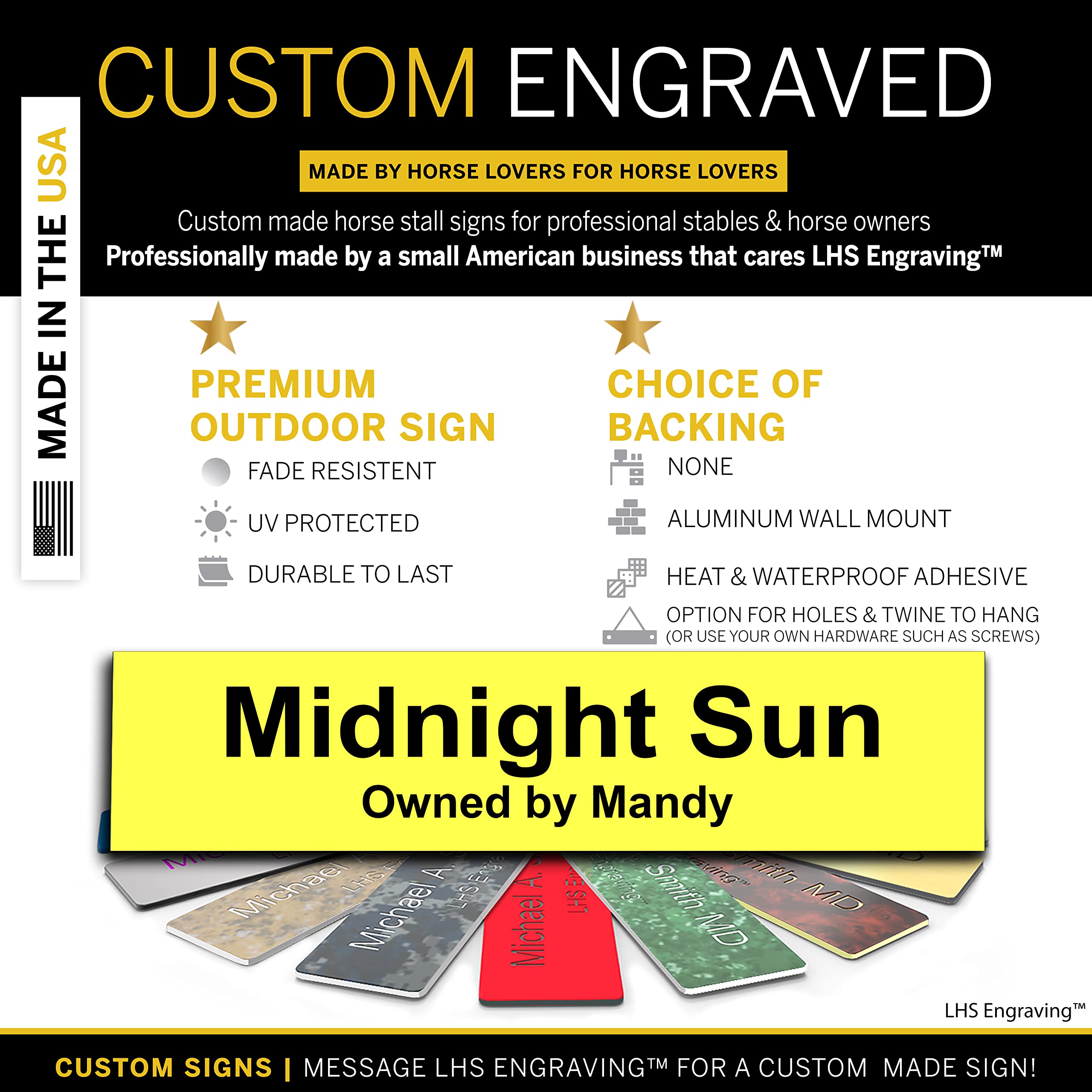 Lhs | Horse Stall Name Plate, 2X10 Personalized Stall Signs, Uv Protected, All Weather Adhesive, Hanging, Mounting Or Other, Yel