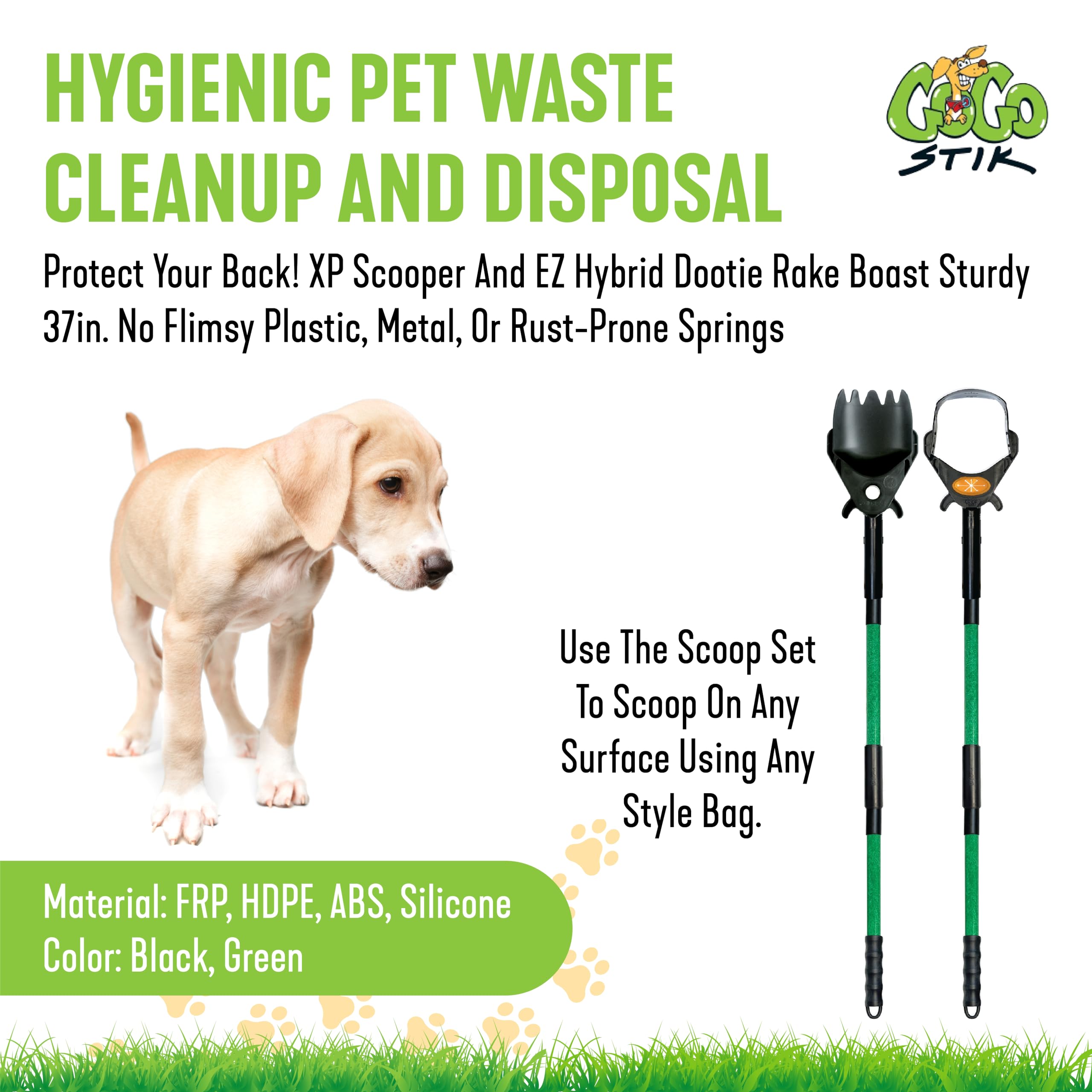 Xp Pooper Scooper & Rake Set - Quick, Clean, & Convenient. 37' No Bend. 10 Free Heavy Dootie Poop Bags For Dogs. Strong & Lightweight For All Dog Poop Cleanup & Waste Removal - Fits Any Style Bag.