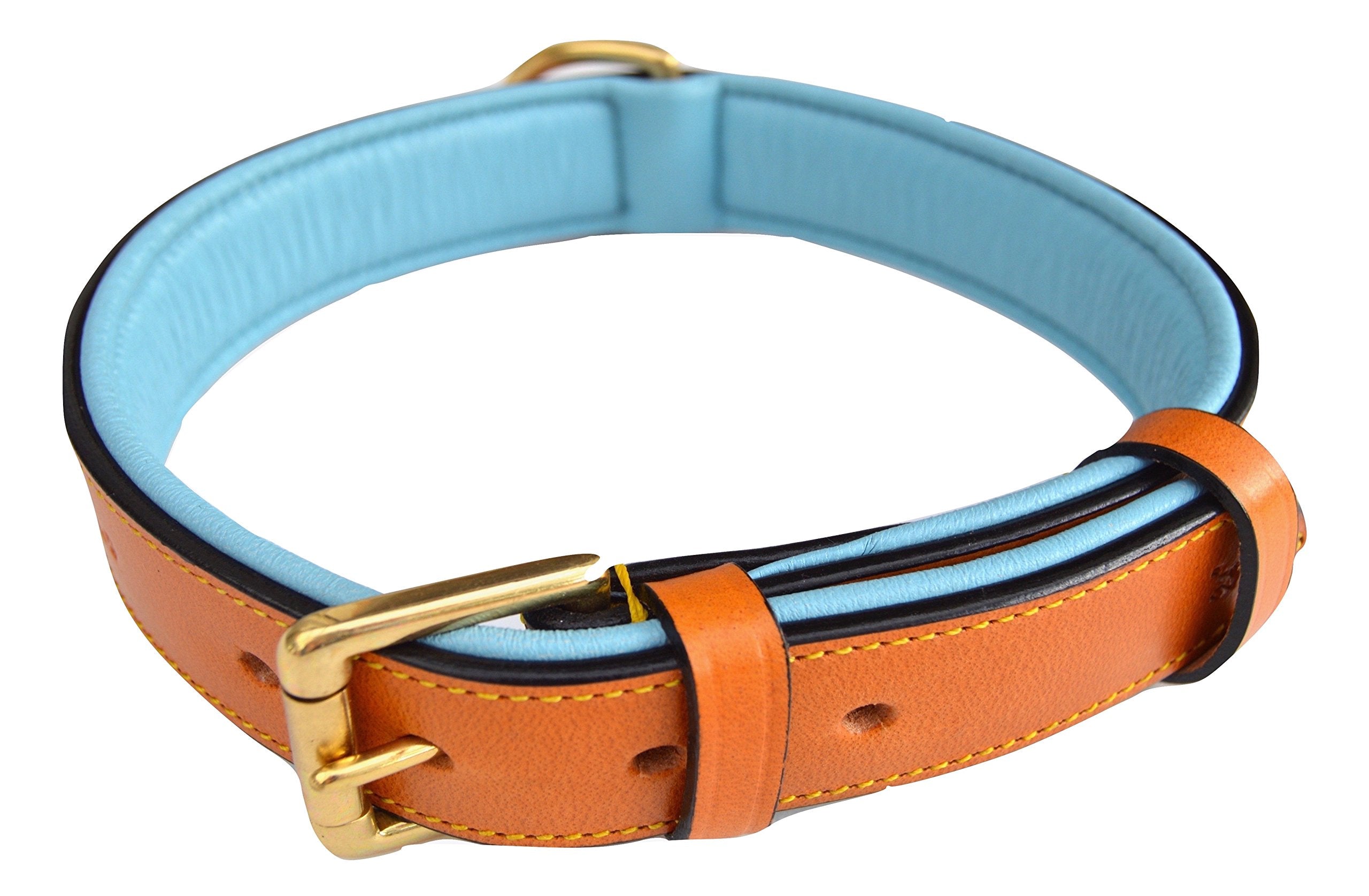 Soft Touch Collars Padded Leather Dog Collar, Tan And Teal, Size Medium, 20' Long X 1' Wide , Neck Size 14.5' To 17.5' Inches