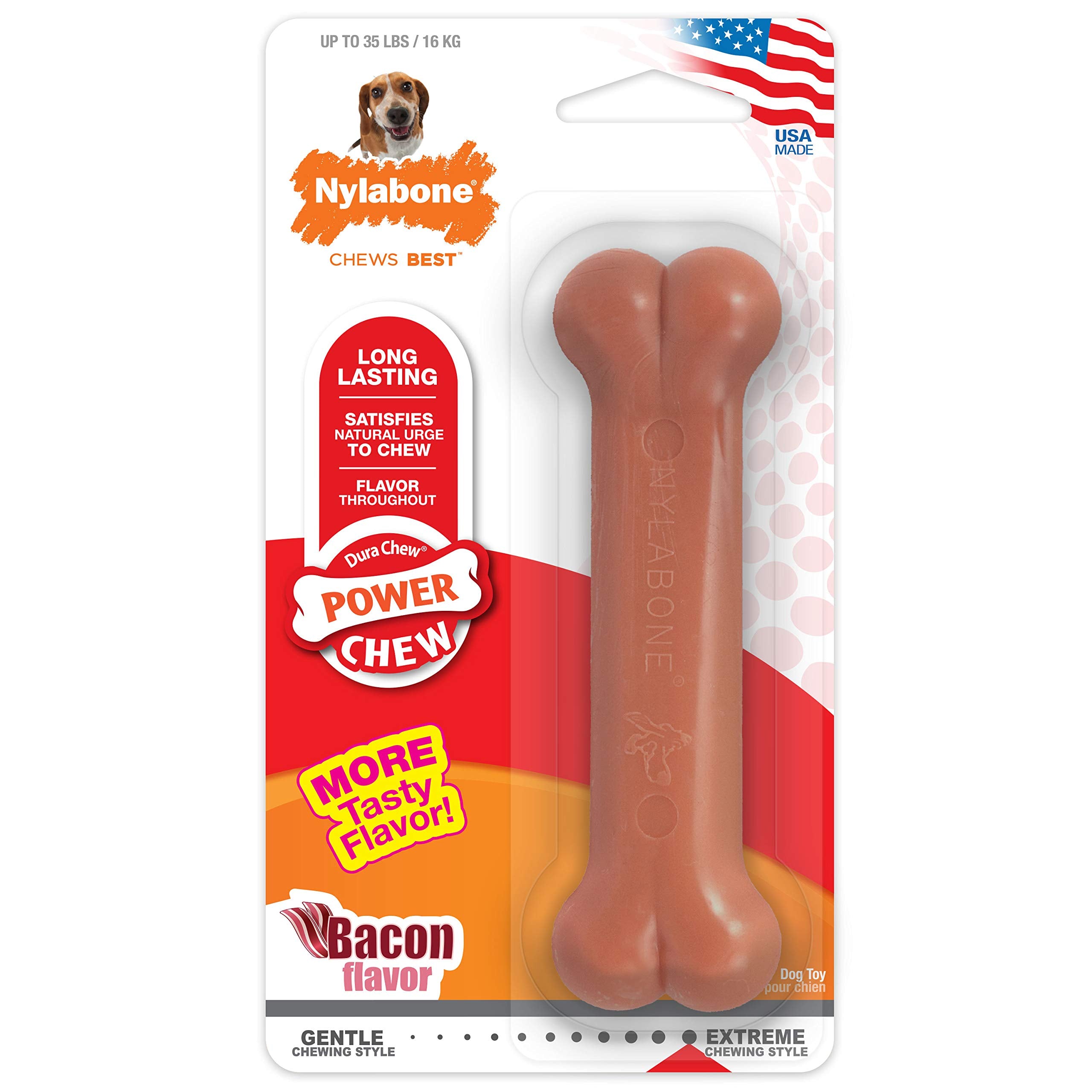 Nylabone Power Chew Classic Bone Chew Toy For Dogs, Durable Dog Toys For Aggressive Chewers, Bacon Flavor, Medium/Wolf - Up To 35 Lbs. (1 Count)