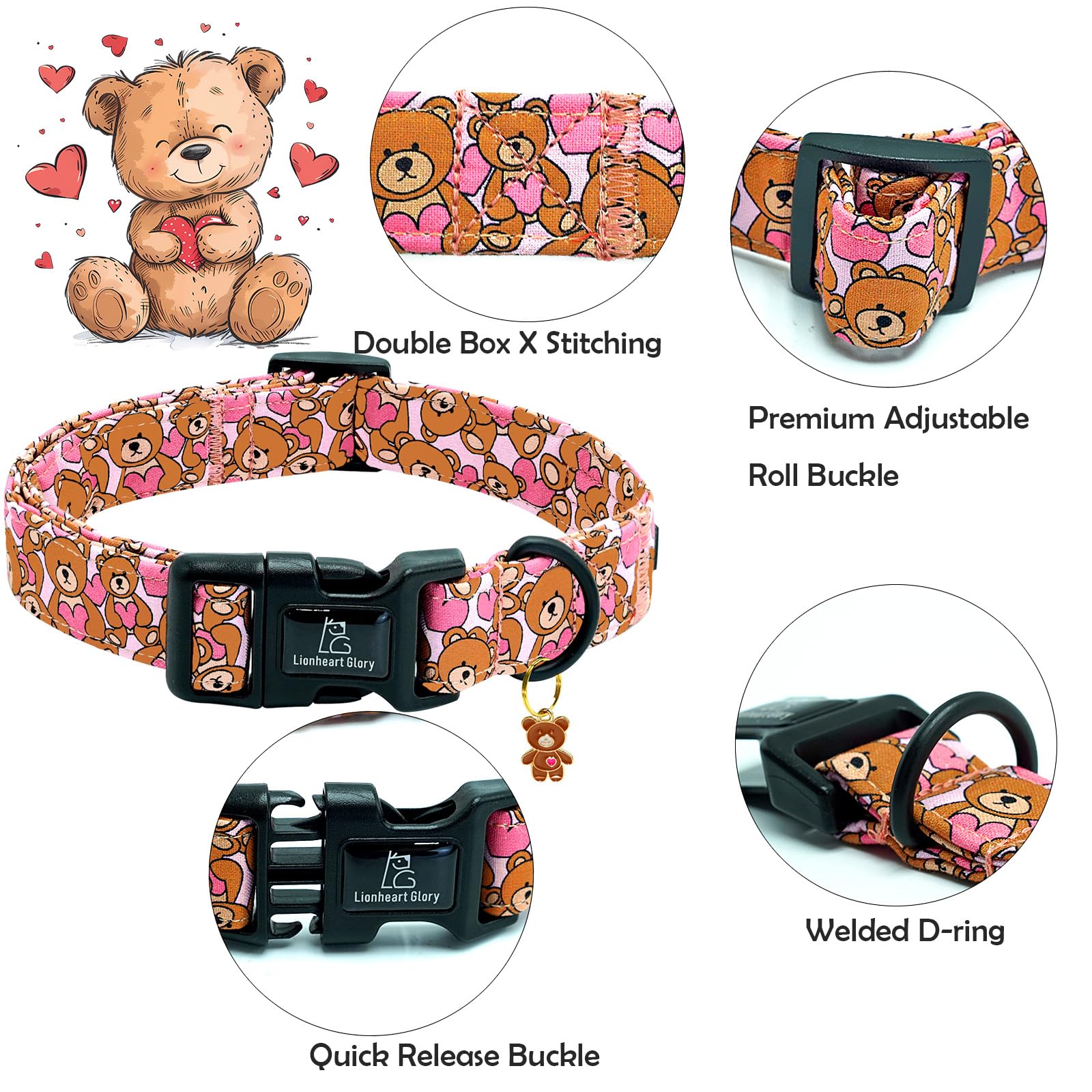 Lionheart Glory Valentine Collar-Bear Hearts Print Dog Collar For Large Cute Pink Dog Collars Spring Female Pet Gift Adjustable
