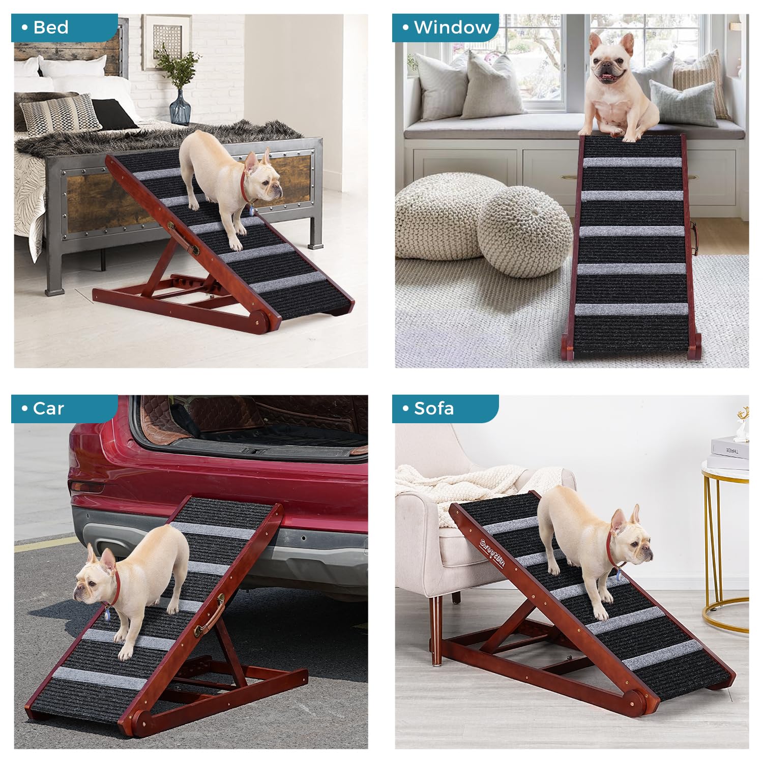 Sweetbin Wooden Adjustable Pet Ramp For All Dogs And Cats - Non Slip Carpet Surface And Foot Pads - 40'' Long And Adjustable Fro