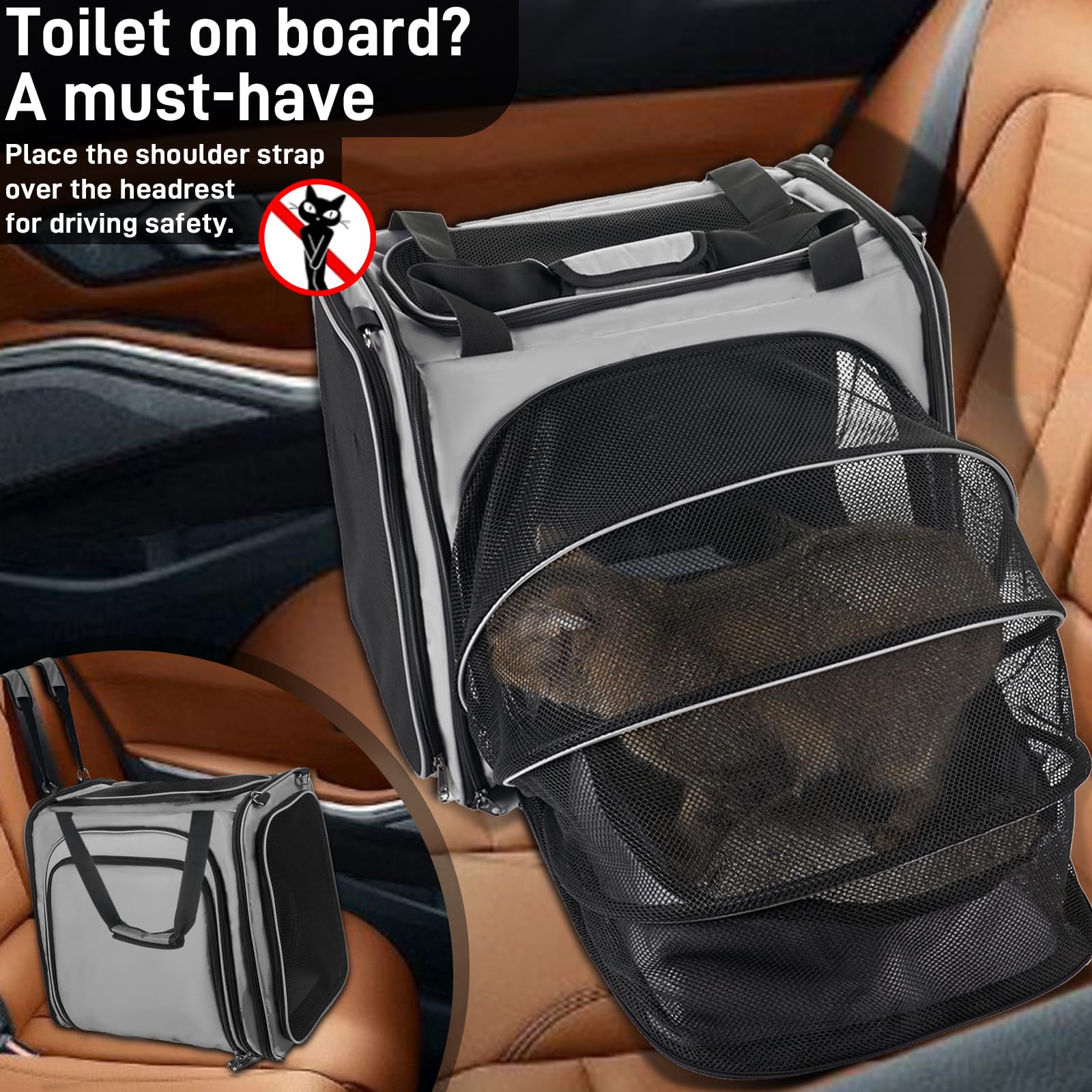 Litail Cat Travel Carrier With Litter Box For Car, Expandable Cat Carrier With Leak-Proof Litter Box For Car Travel, Up To 20 Lb