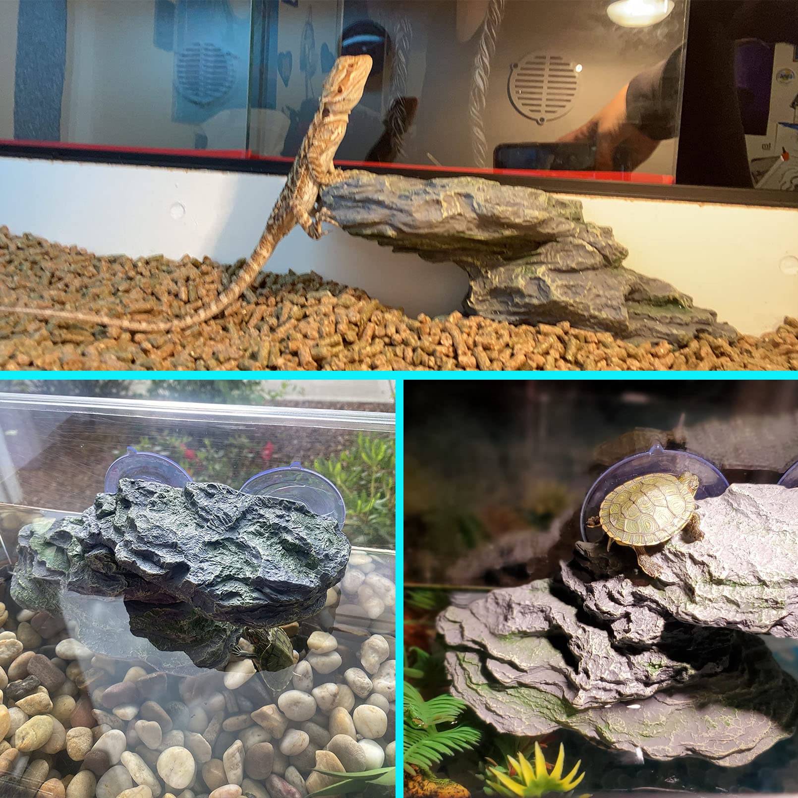 kathson Turtle Basking Platform with Suction Cup Tortoise Climbing Rest Terrace Resin Step Decoration Reptile Habitat Rock Decor