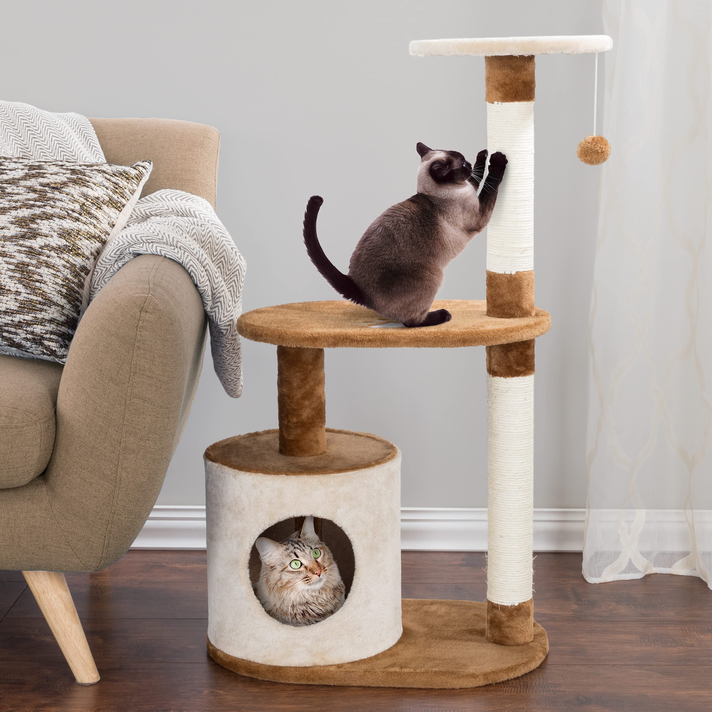 3-Tier Cat Tree - 2 Napping Perches, Kitten Condo, 2 Sisal Rope Scratching Posts, And Hanging Toy - Tower For Indoor Kitties By
