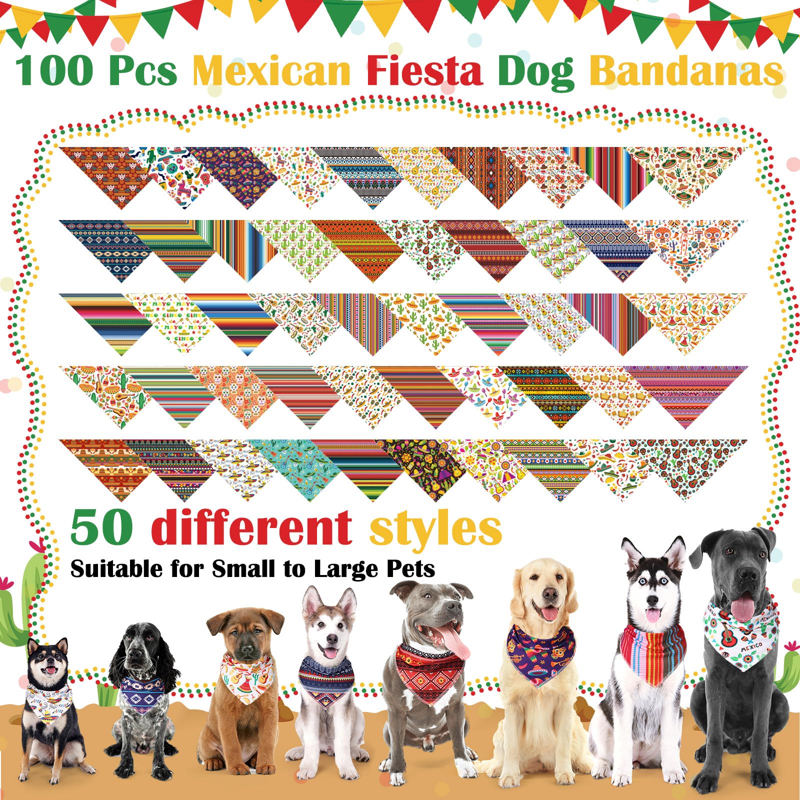 Paterr 100 Pieces Dog Bandanas Bulk Mexican Cinco De Mayo Pet Handkerchief Soft Dog Triangle Bibs Cute Adjustable Washable Pet S