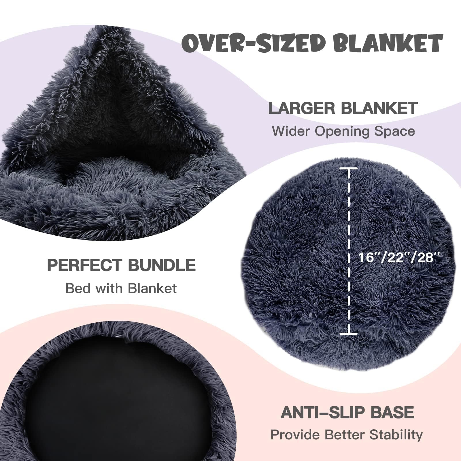 Himax Medium Dog Bed, Round Dogs Beds With Blanket Attached, Comfort Fluffy Calming Dog Bed Washable (20''/26''/35'') Deep Grey