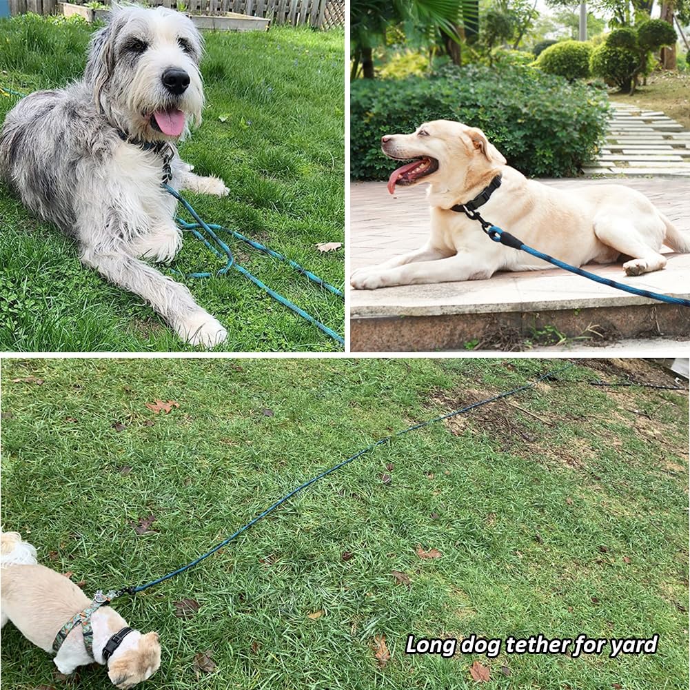 BTINESFUL 12ft Tie-Out Check Cord Dog Leash - Blue Black, Durable Recall Training Lead for Large, Medium & Small Dogs, Perfect for Camping & Backyard