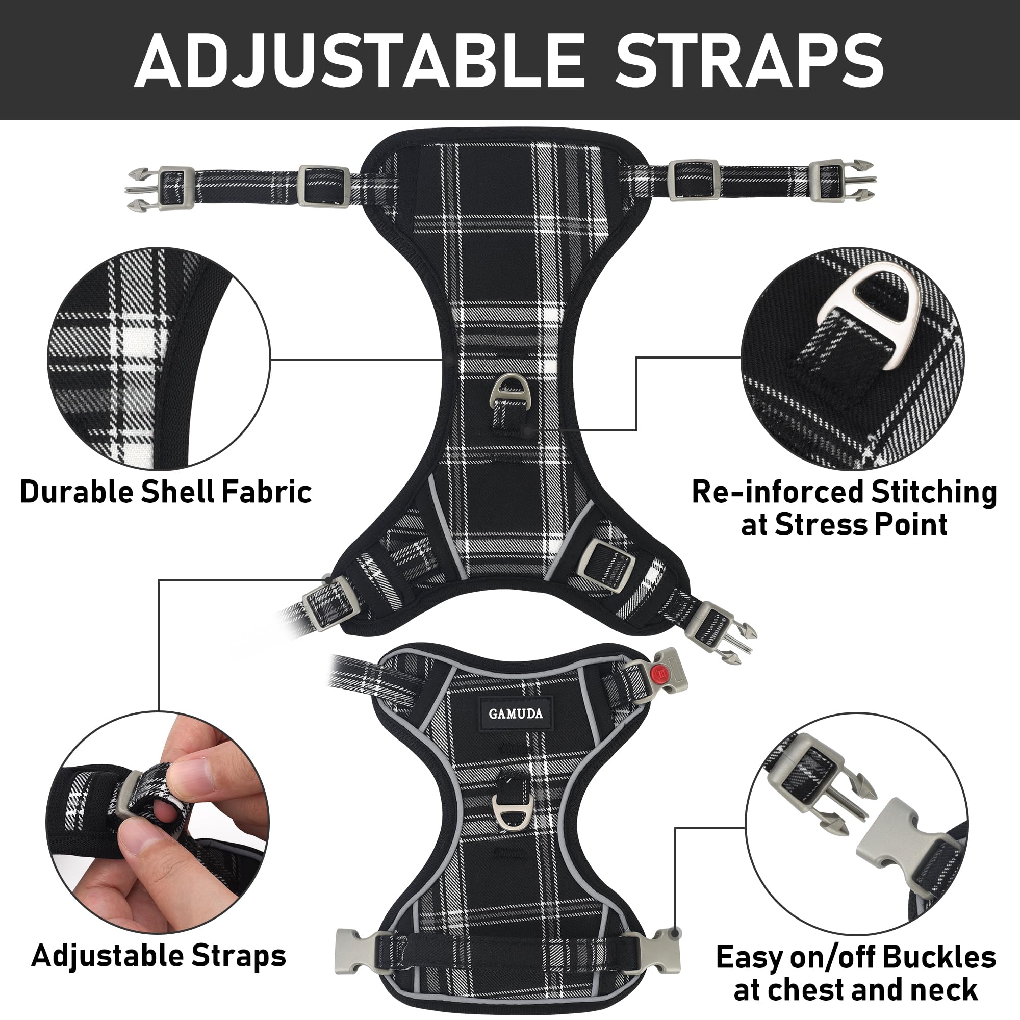 GAMUDA Dog Harness Collar and Leash Set, Horse Care Sheets, No Chock No Pull Adjustable Vest Harnesses Plaid Reflective for Medi