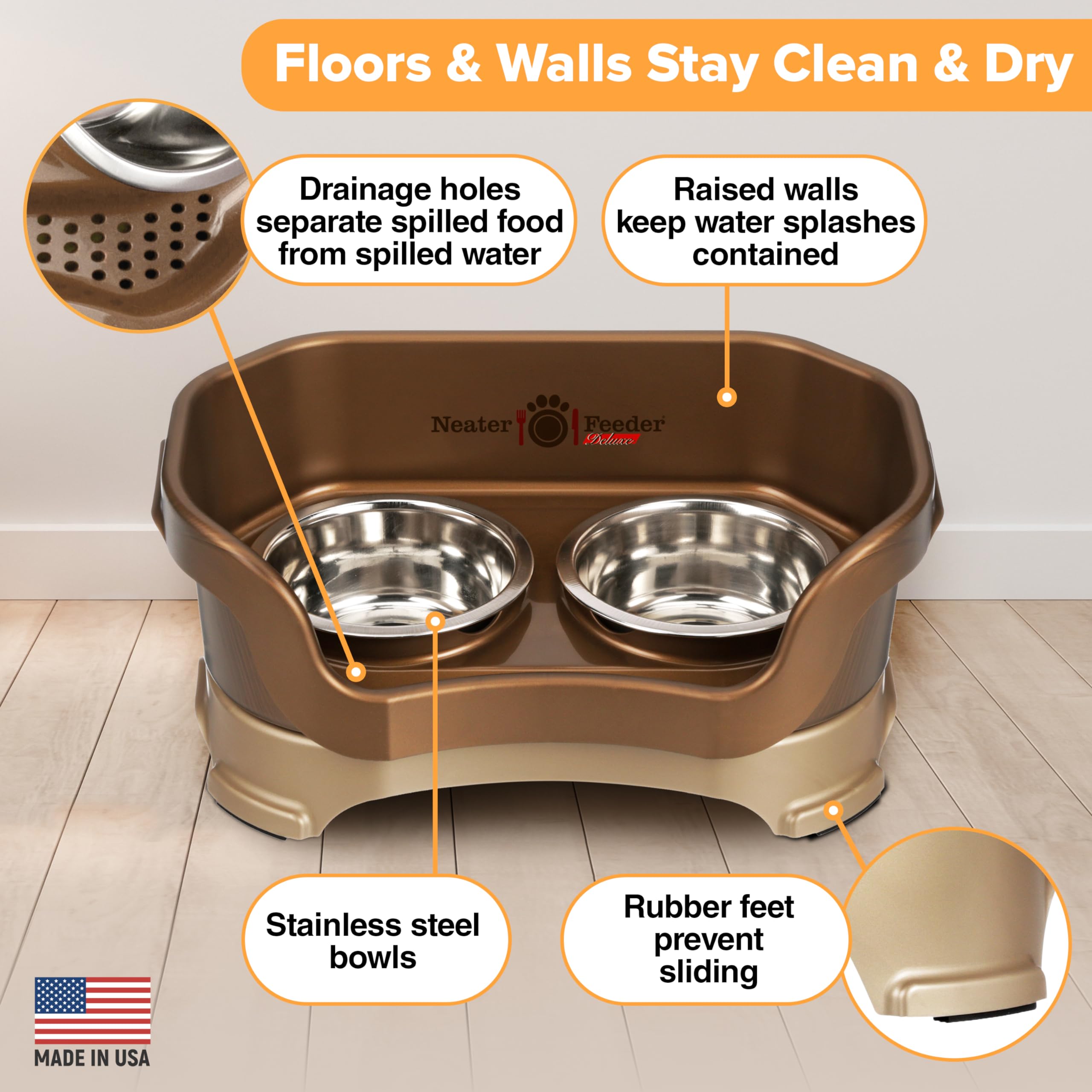 Neater Feeder Deluxe Mess Proof Cat Bowls Elevated for All Breeds - Made in USA - No Spill Raised Bowls for Indoor Cats - Stainl