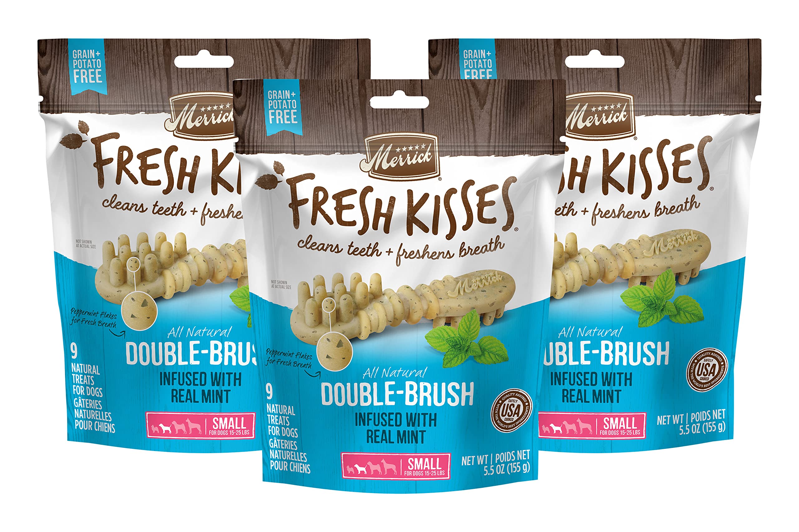 Merrick Fresh Kisses Double-Brush Dental Dog Treats with Mint Breath Strips for Small Dogs 5.5 Ounce (Pack of 3)