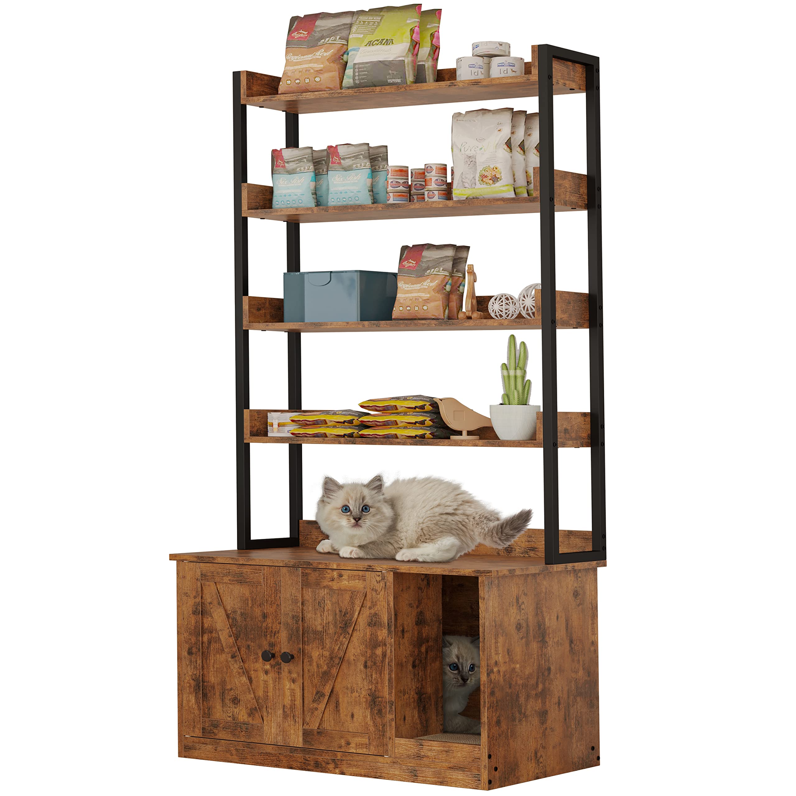 Ironck Litter Box Enclosure With 4 Shelves And Doors, Large Wood Cat Litter Box Furniture Hidden With Storage And Scratch, Fit M