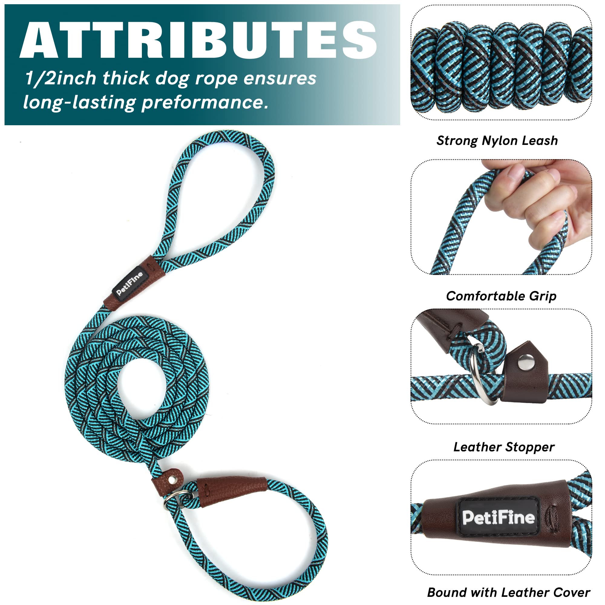 Petifine Slip Lead 6Ft X 3/8' Reflective Durable Dog Training Leash, Heavy Duty Adjustable Nylon Dog Rope Leash For Small Mediu