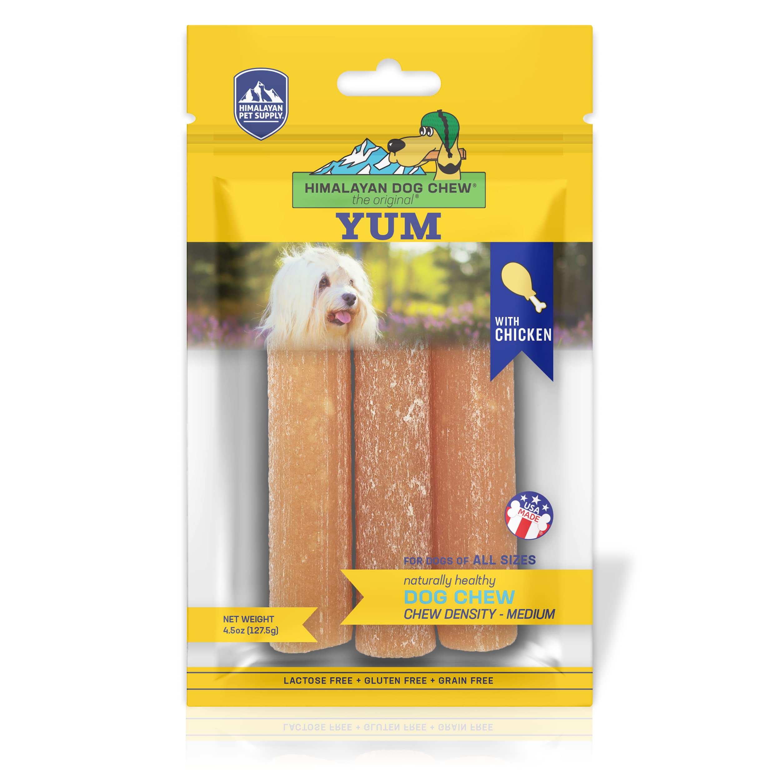 Himalayan Dog Chew Yak Cheese Dog Chews, Lactose Free & Grain Free, USA Made, for All Dog Breeds, Medium Density Cheese Chew, Re