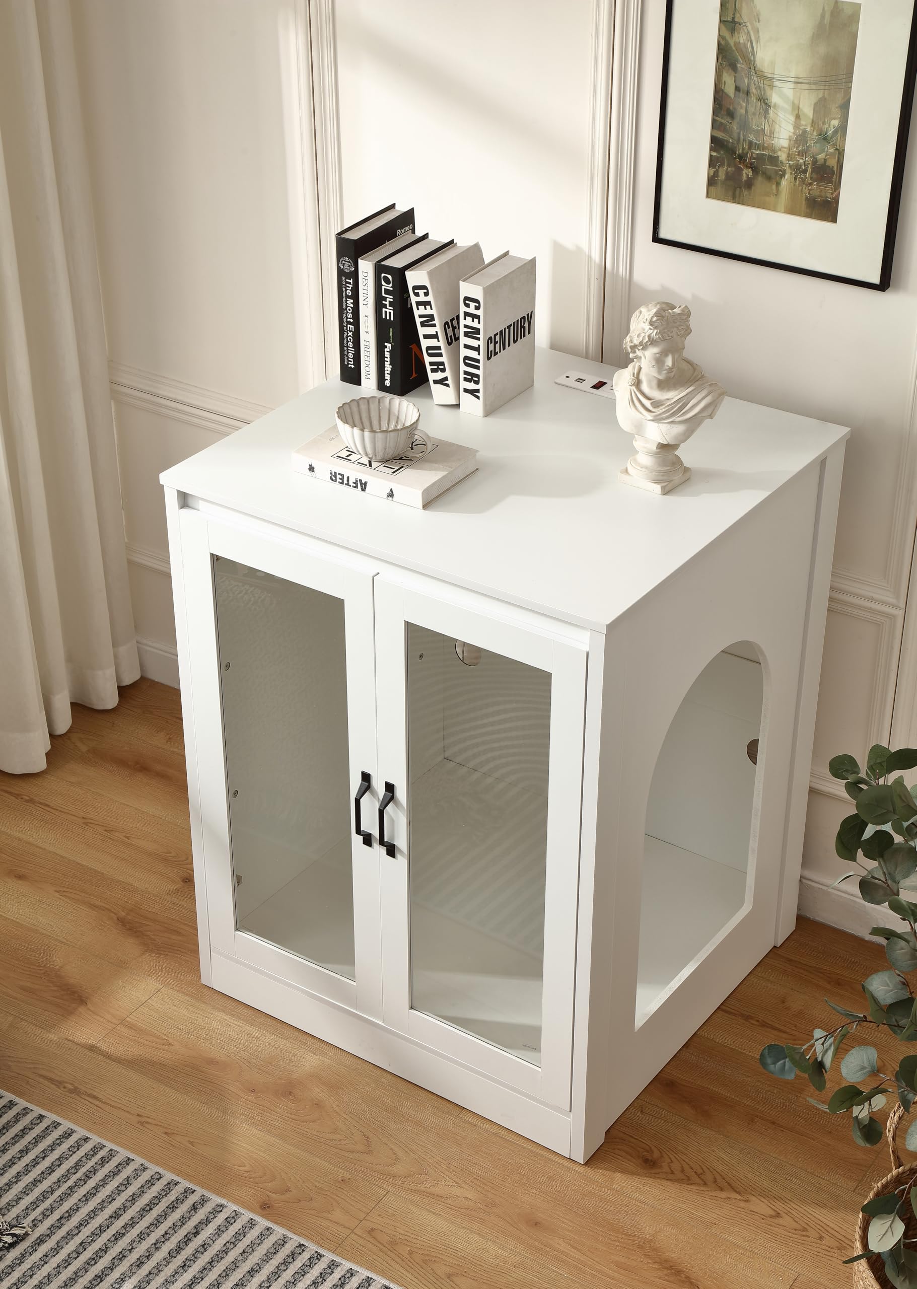 Forest Gravity Cat Litter Robot Enclosure with Cat-Observant Glass Doors,Litter Robot Cabinet with Cozy LED for Cats,Reversible