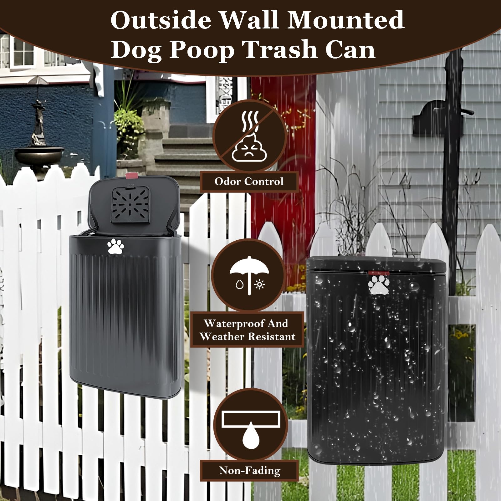 Kopuncare Dog Waste Trash Can Wall Mounted, 2.1Gal Small Outdoor Trash Can With Lid, Hanging On Fence, Dog Poop Bucket With 40 B