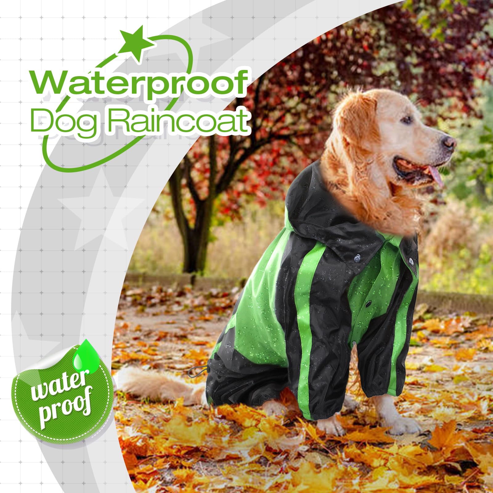 Ouobob Dog Raincoat, Lightweight Rain Jacket, Adjustable 4 Legs Pet Poncho With Hood, Snow-Proof Dog Vest Rainwear, Rain Clothes