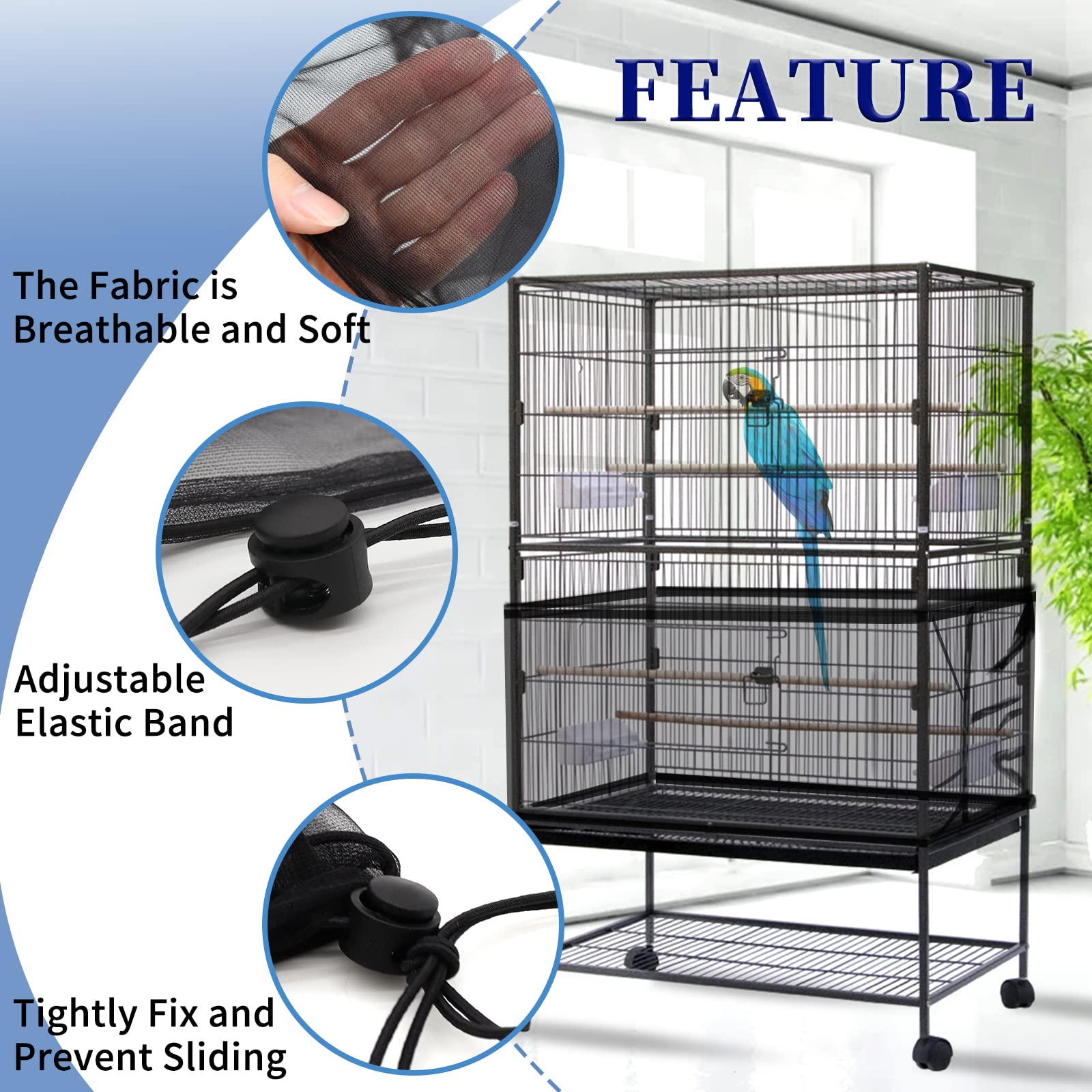 Daoeny 2Pcs Large Bird Cage Cover, Adjustable Parrot Nylon Airy Soft Mesh Net, Universal Seed Feather Catcher, Birdcage Cover Skirt Sheer Guard For Parakeet Macaw Round Square Cages