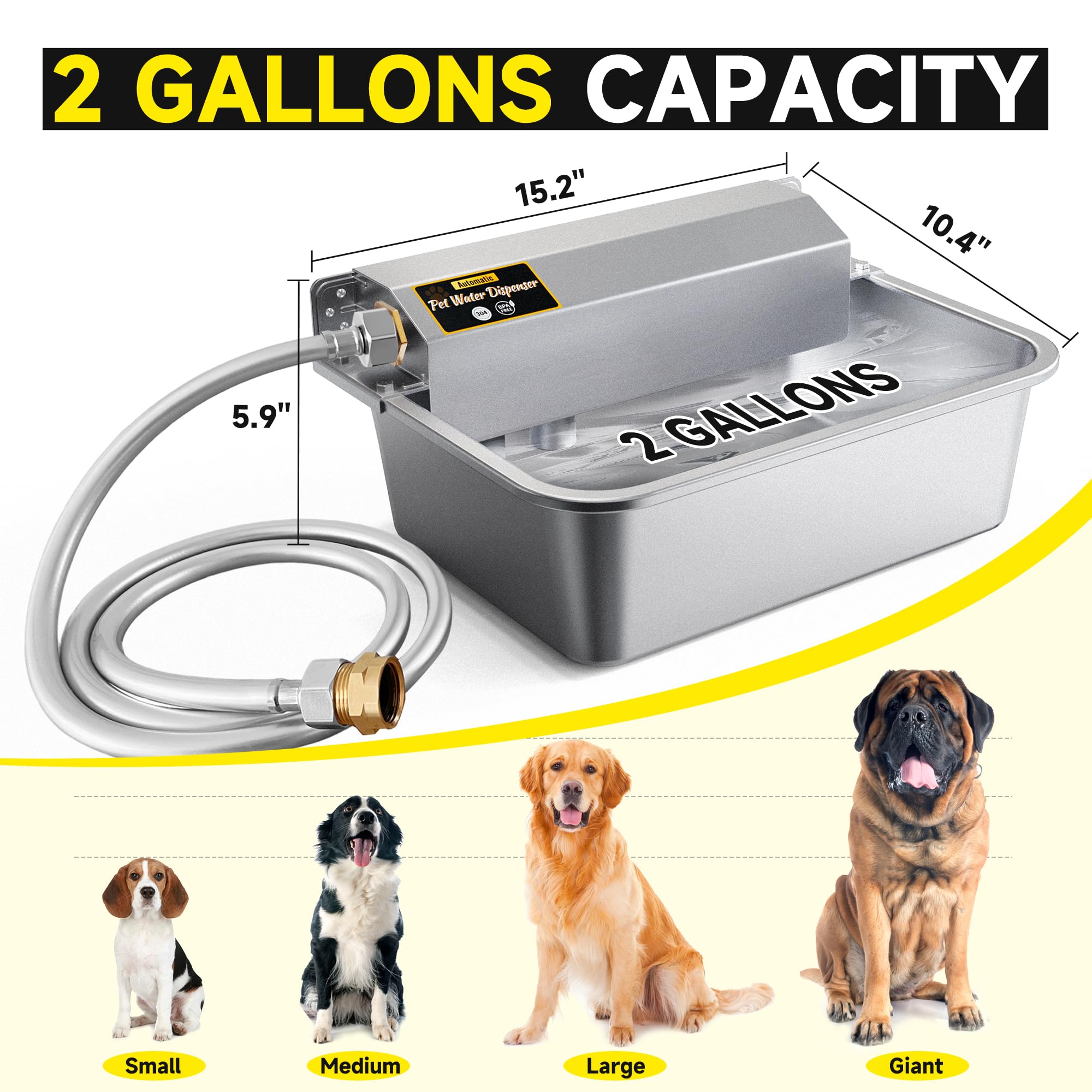 Petsolon Automatic Dog Water Dispenser, 2 Gallons 304 Stainless Steel Large Dog Water Bowl Dispenser For Indoor/Outdoor, Pet & L